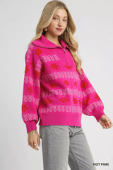 Trendsi Umgee Floral Patterned Jacquard Quarter-Zip Pullover Sweater -