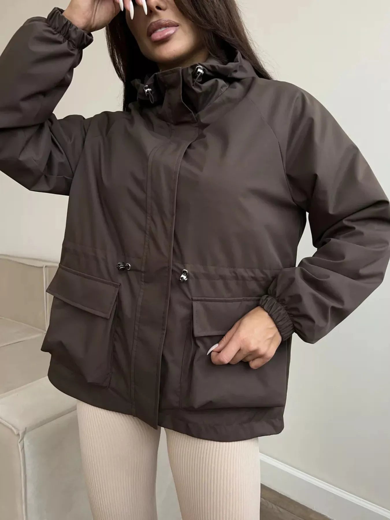 Trendsi Drawstring Waist Hooded Windbreaker Outerwear -