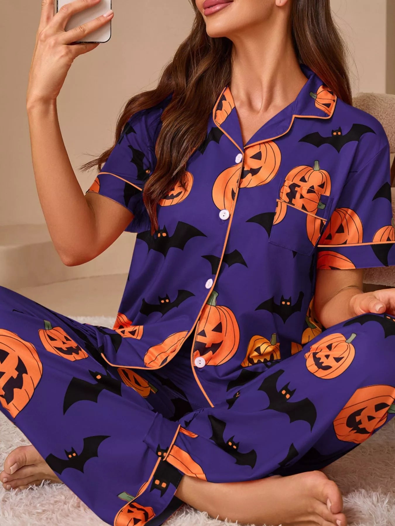 Trendsi Halloween Pumpkin and Bat Print Button-Down Top and Pants Lounge Set -