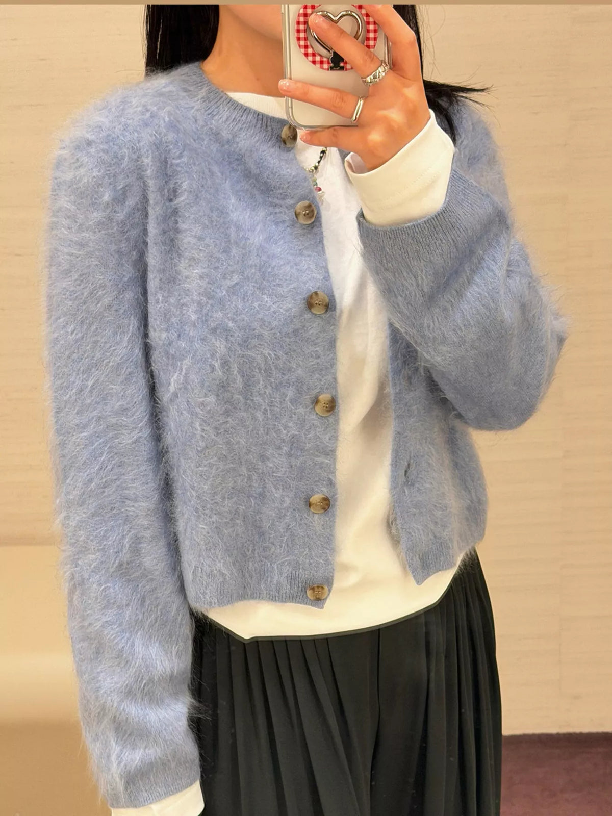 Blue fuzzy button up cropped cardigan