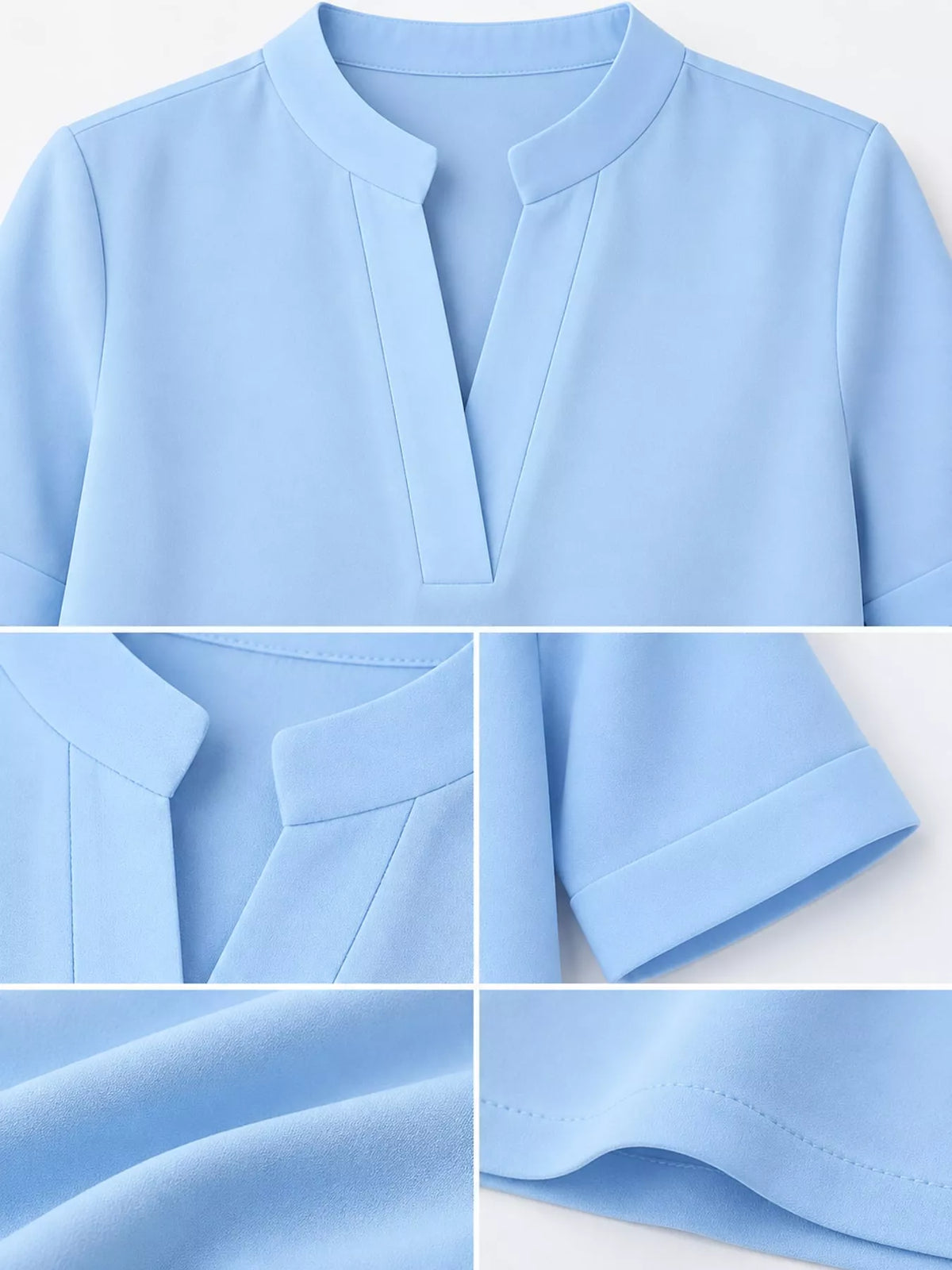 Notched-neck blouse, blue neckline cuff fabric and hem details