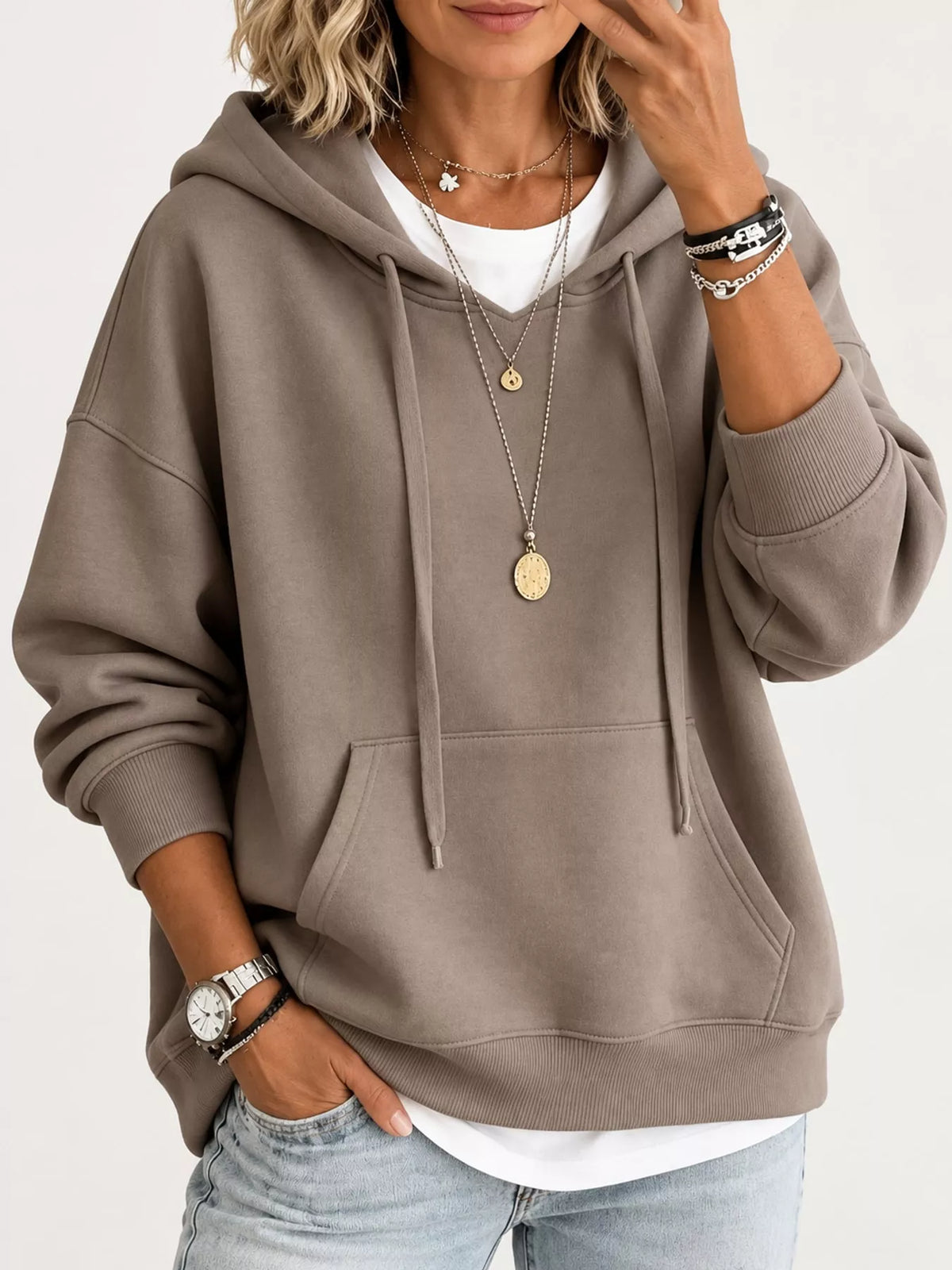 Women's Drawstring Dropped Shoulder Hoodie in taupe — front view
