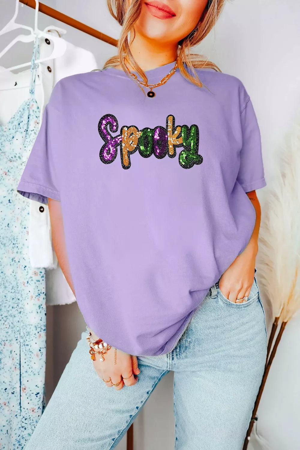 Trendsi Full Size Spooky Sequin Letter Patched Cotton Blend T Shirt Plus Size -