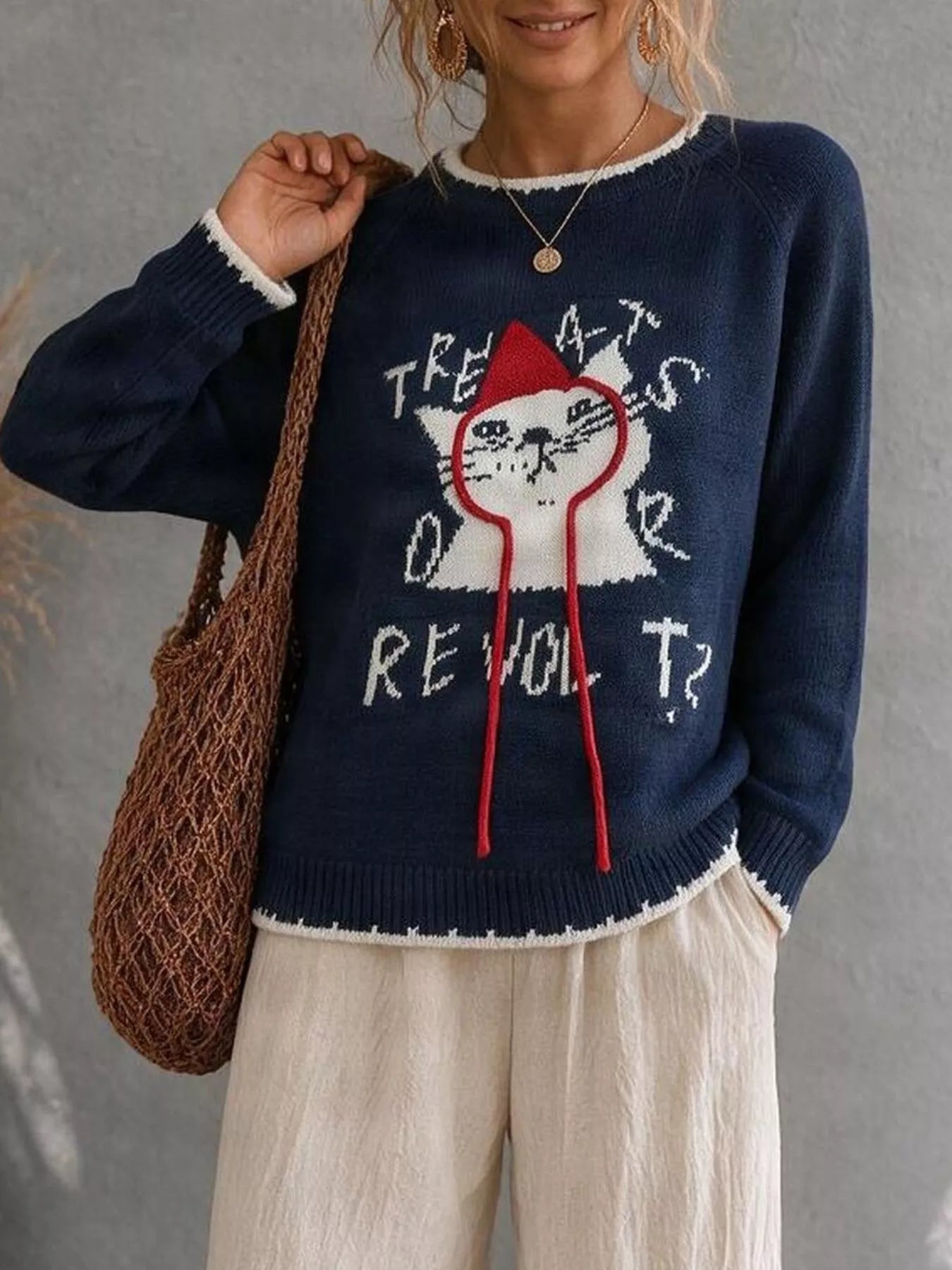 Trendsi Cat Raglan Sleeve Sweater -