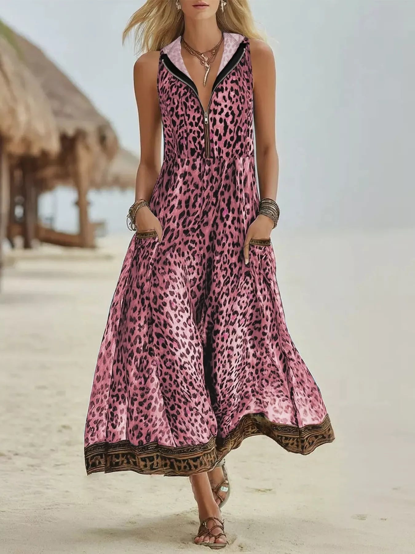 Trendsi Leopard Zip Front Hooded Dress -