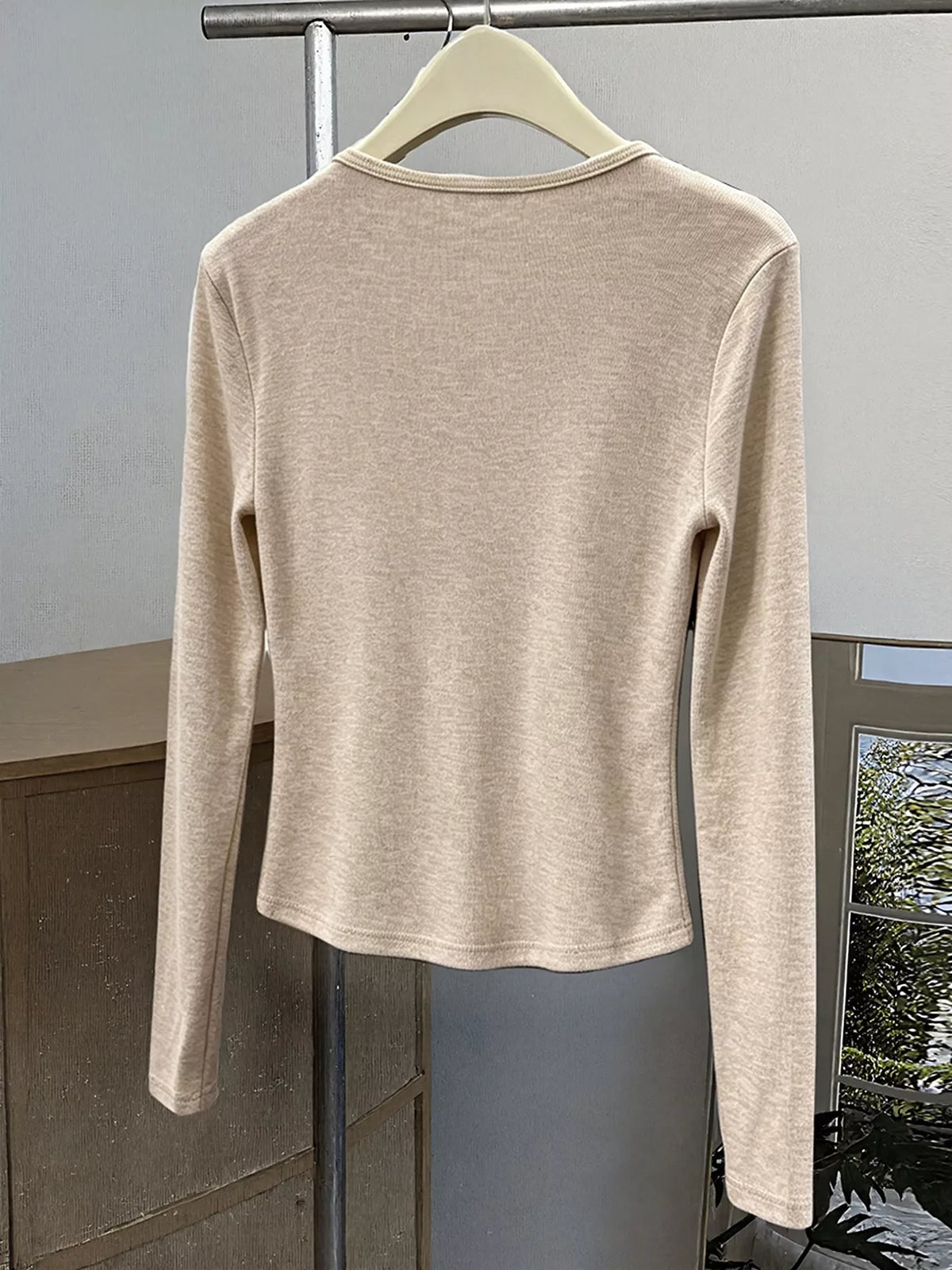 Oatmeal Color Lace Trim Long Sleeve T-Shirt back view