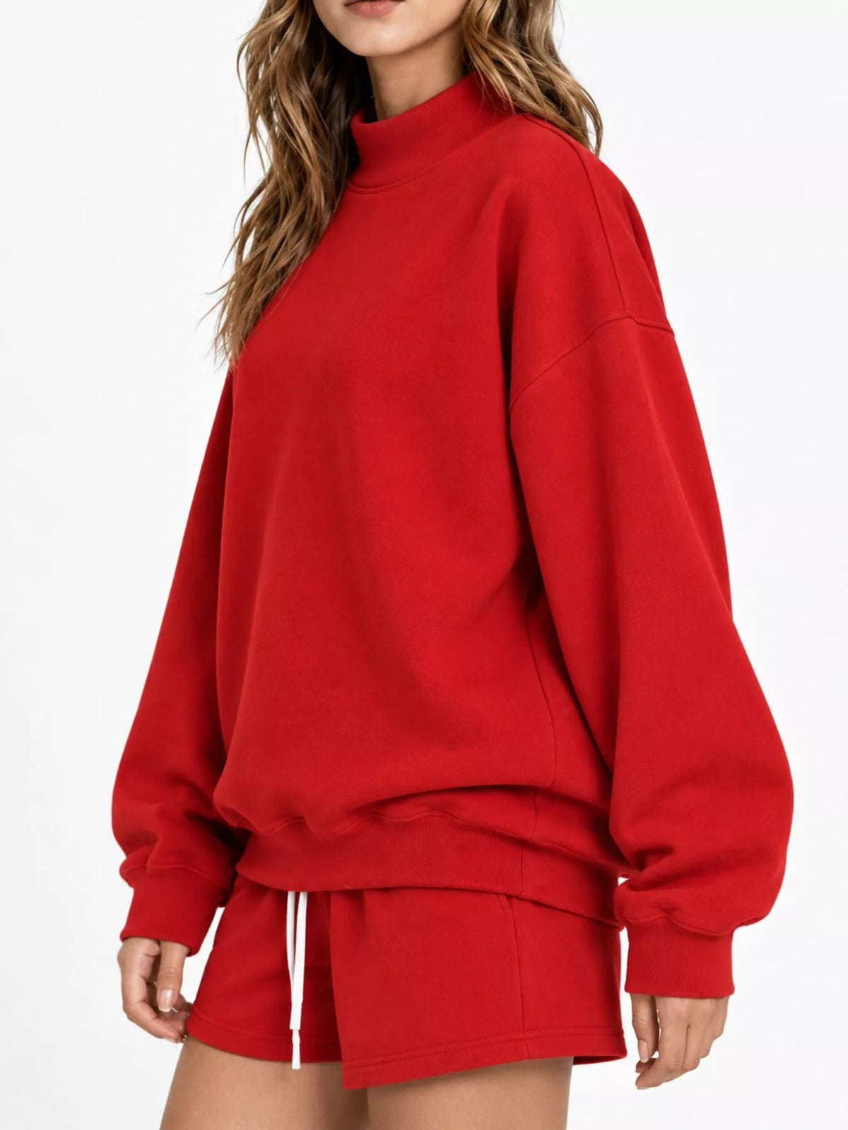 Red oversized dropped shoulder sweatshirt, side view