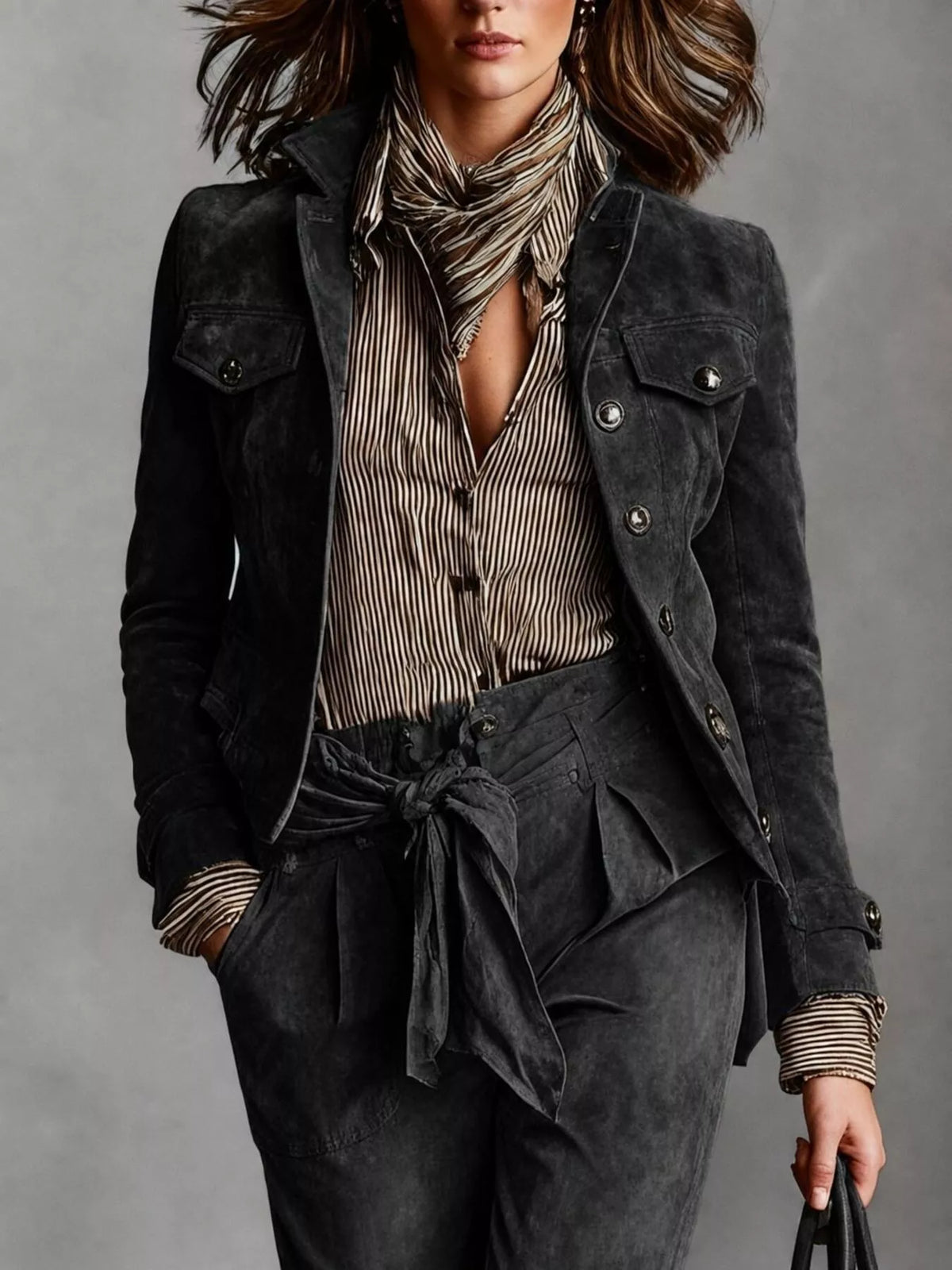 Black faux-suede button-front utility blazer, full front view.