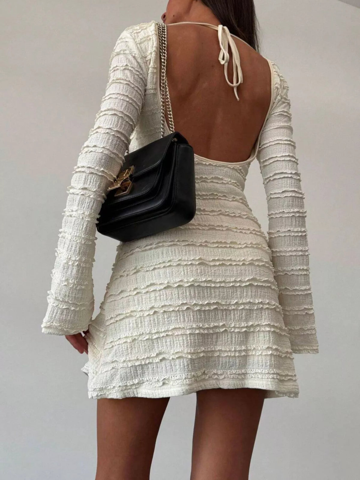 Textured mini dress, ivory back tie