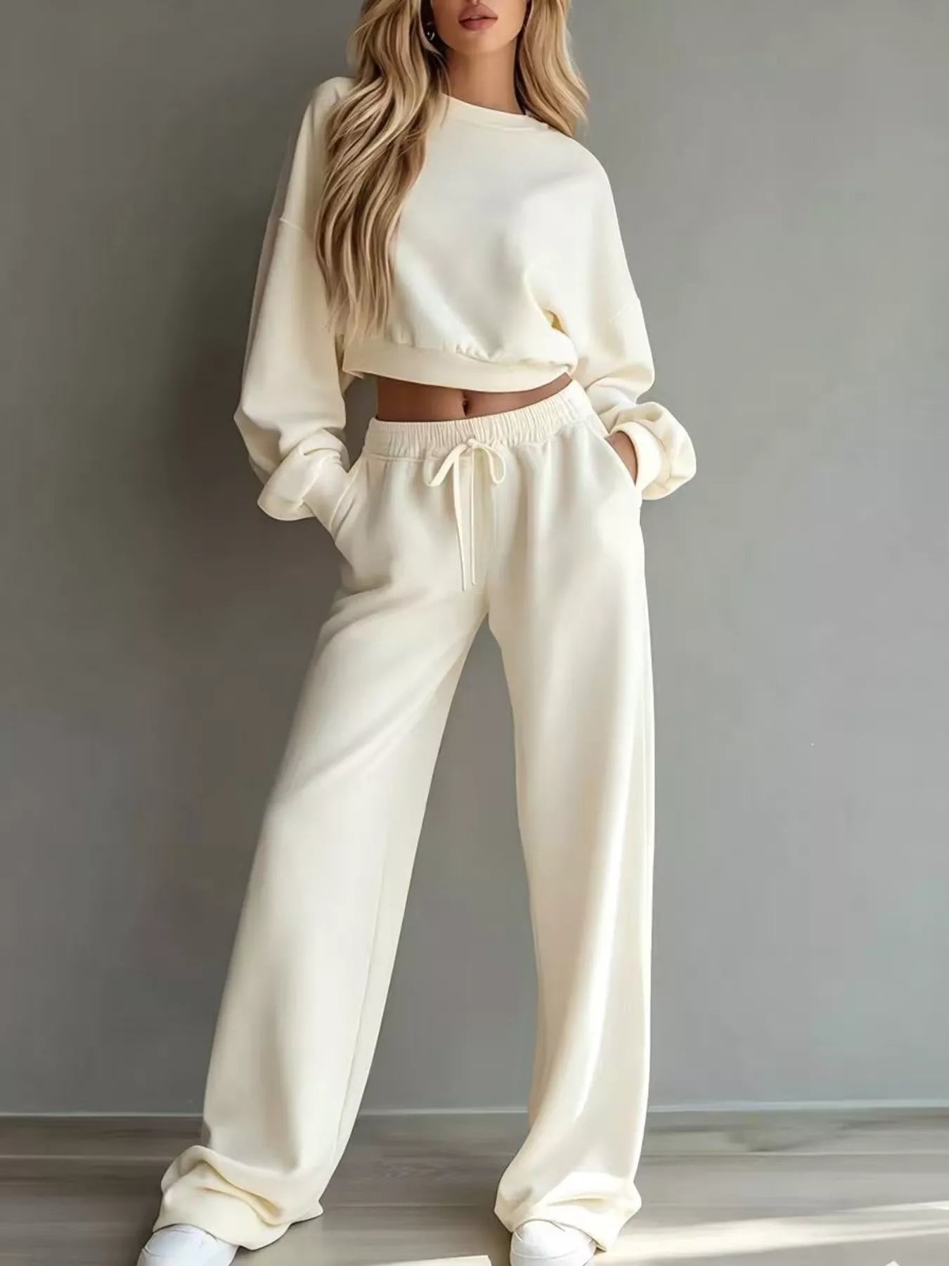 Trendsi Round Neck Cropped Sweatshirt and Wide-Leg Pants Set -