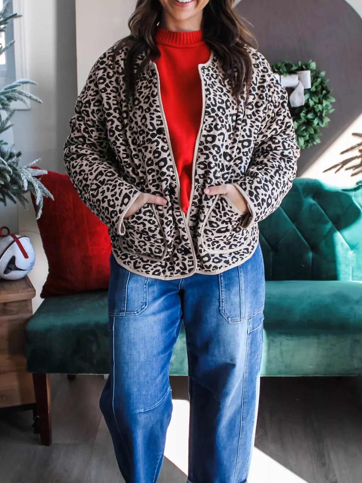 Black and white leopard leopard print long sleeve patch pocket jacket — front view