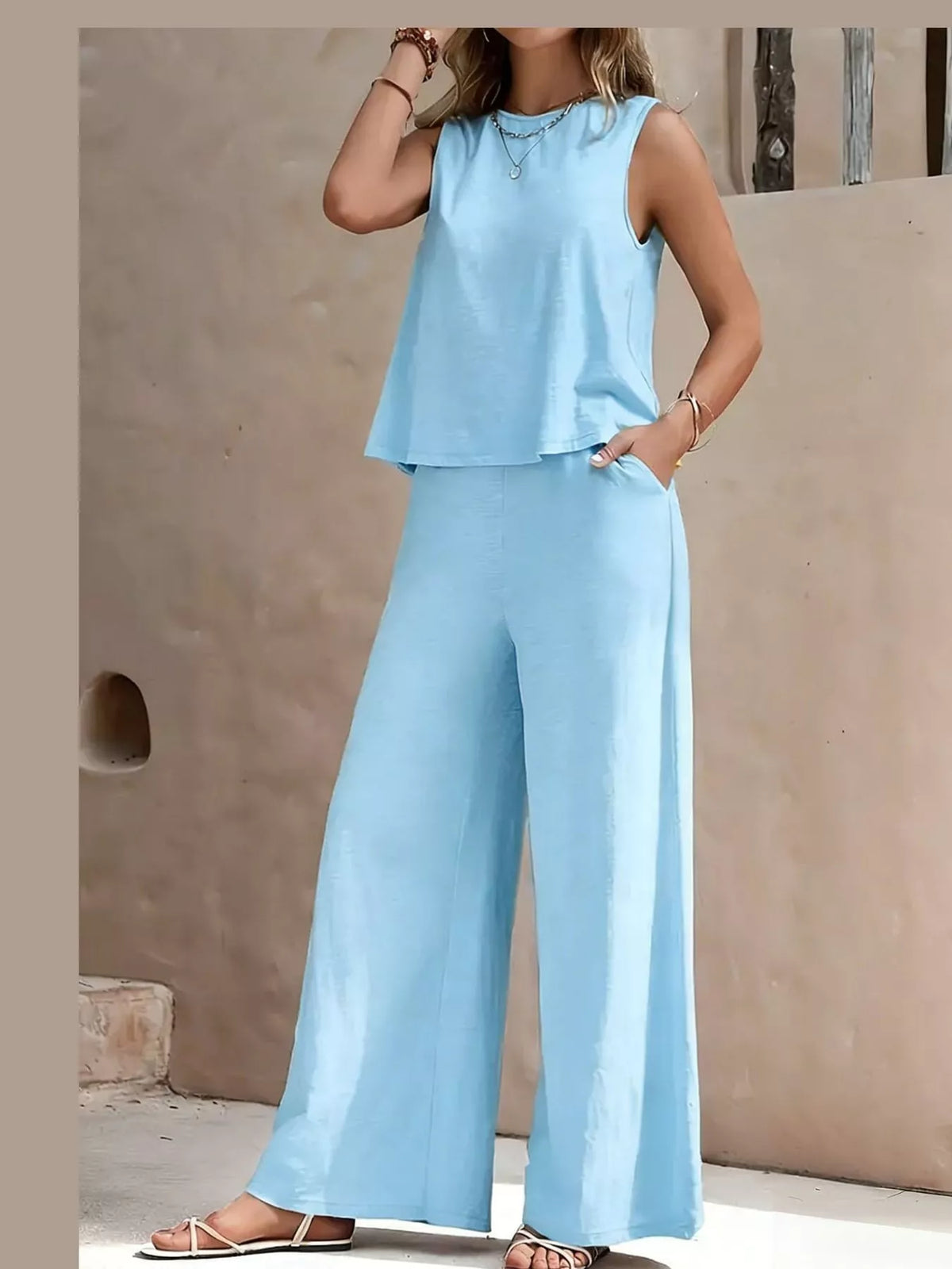 Sleeveless Tank Top and Wide-Leg Pants Set — front view