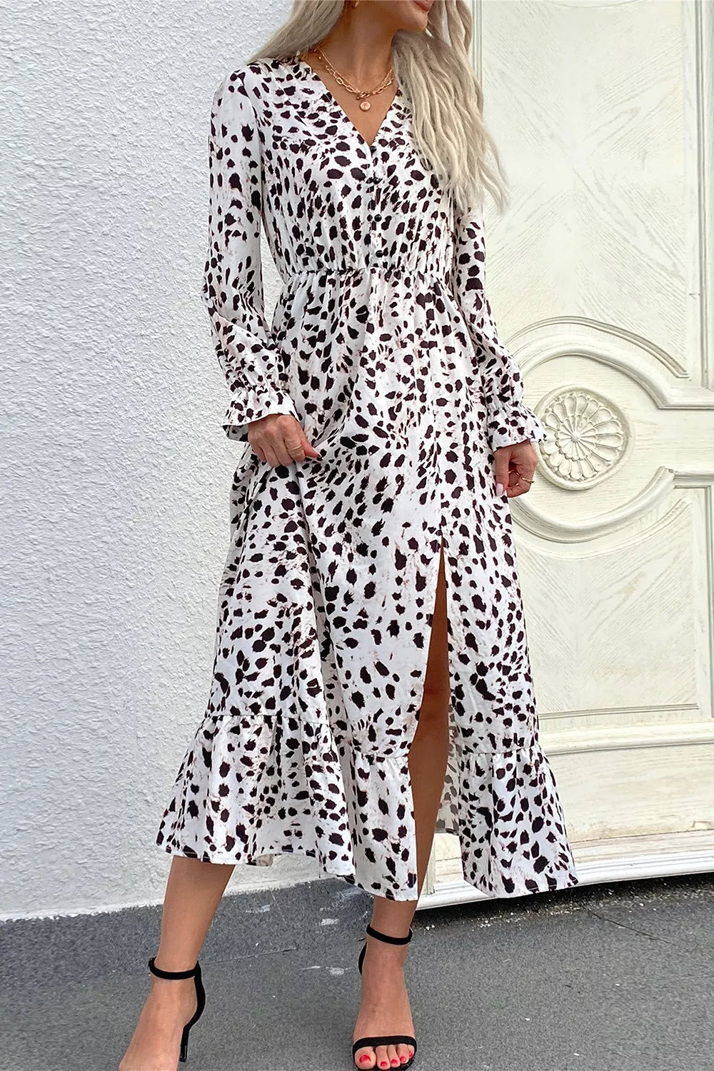 Women's Leopard Print Slit Ruffled Hem Flounce Sleeve Midi Dress in White, alternate view