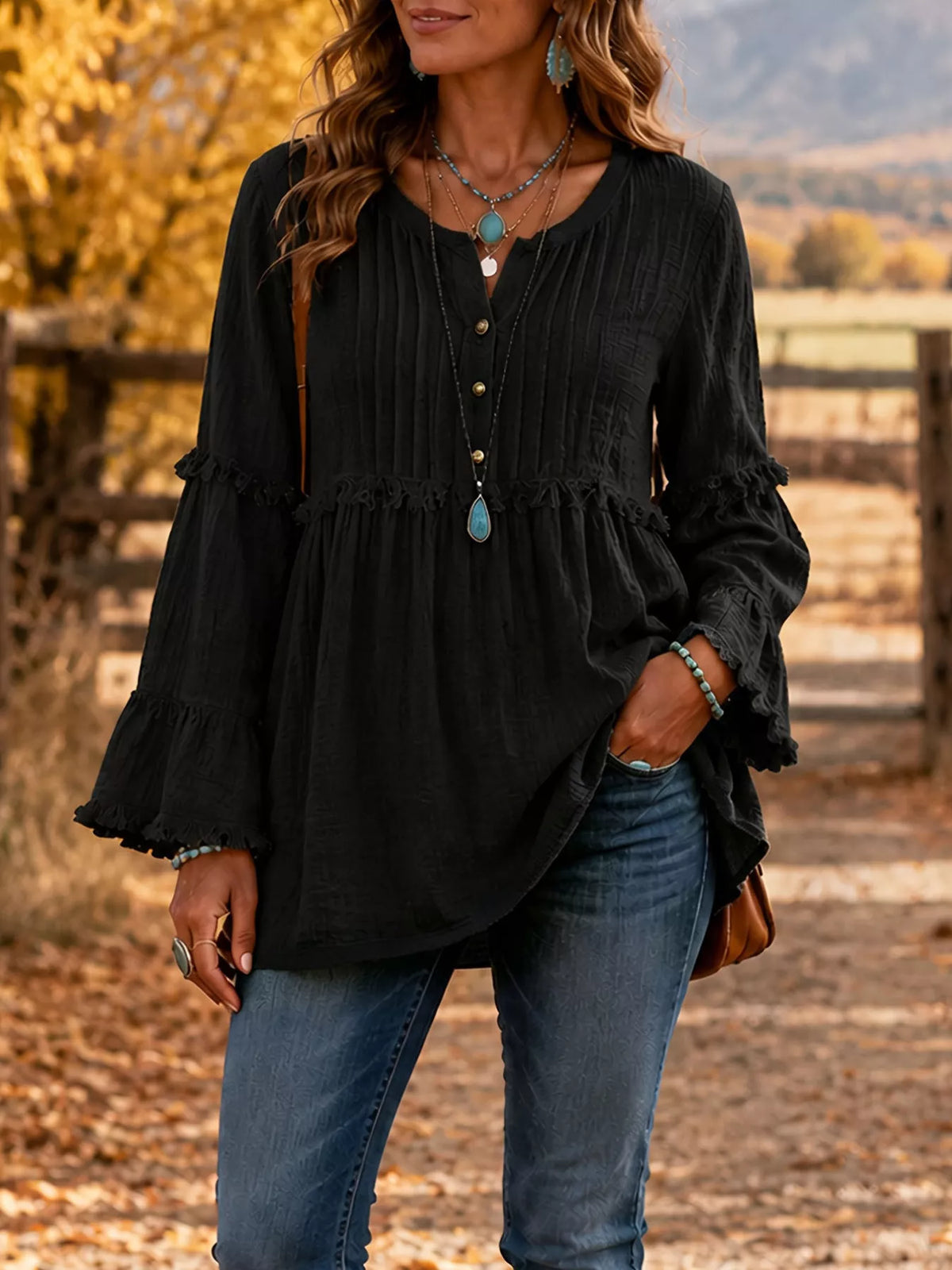Trendsi Full Size Frill Notched Long Sleeve Blouse Plus Size -