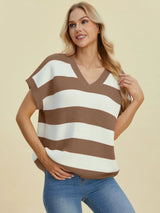 Trendsi Double Take Full Size Striped V-Neck Short Sleeve Sweater - Shirts