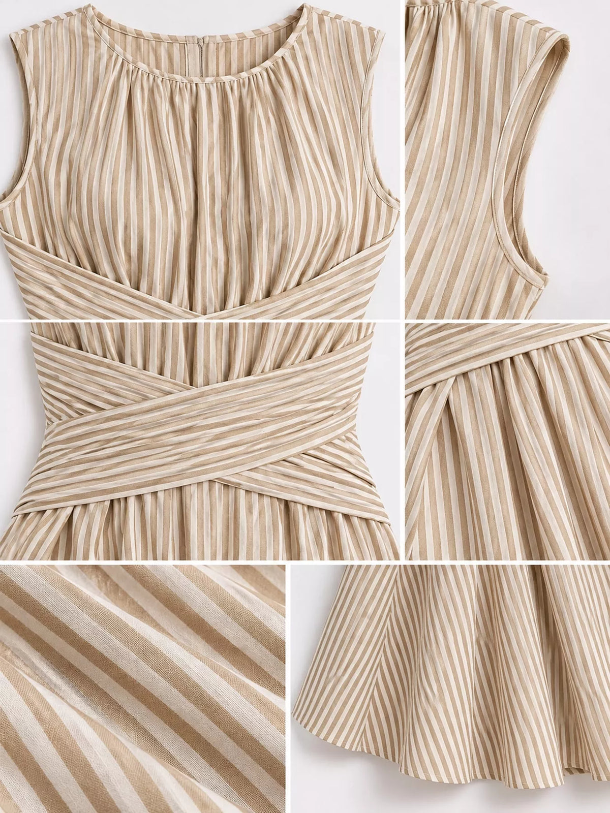 Women's Sleeveless Striped Maxi Dress with Criss-Cross Waist Detail in beige striped — detail collage view