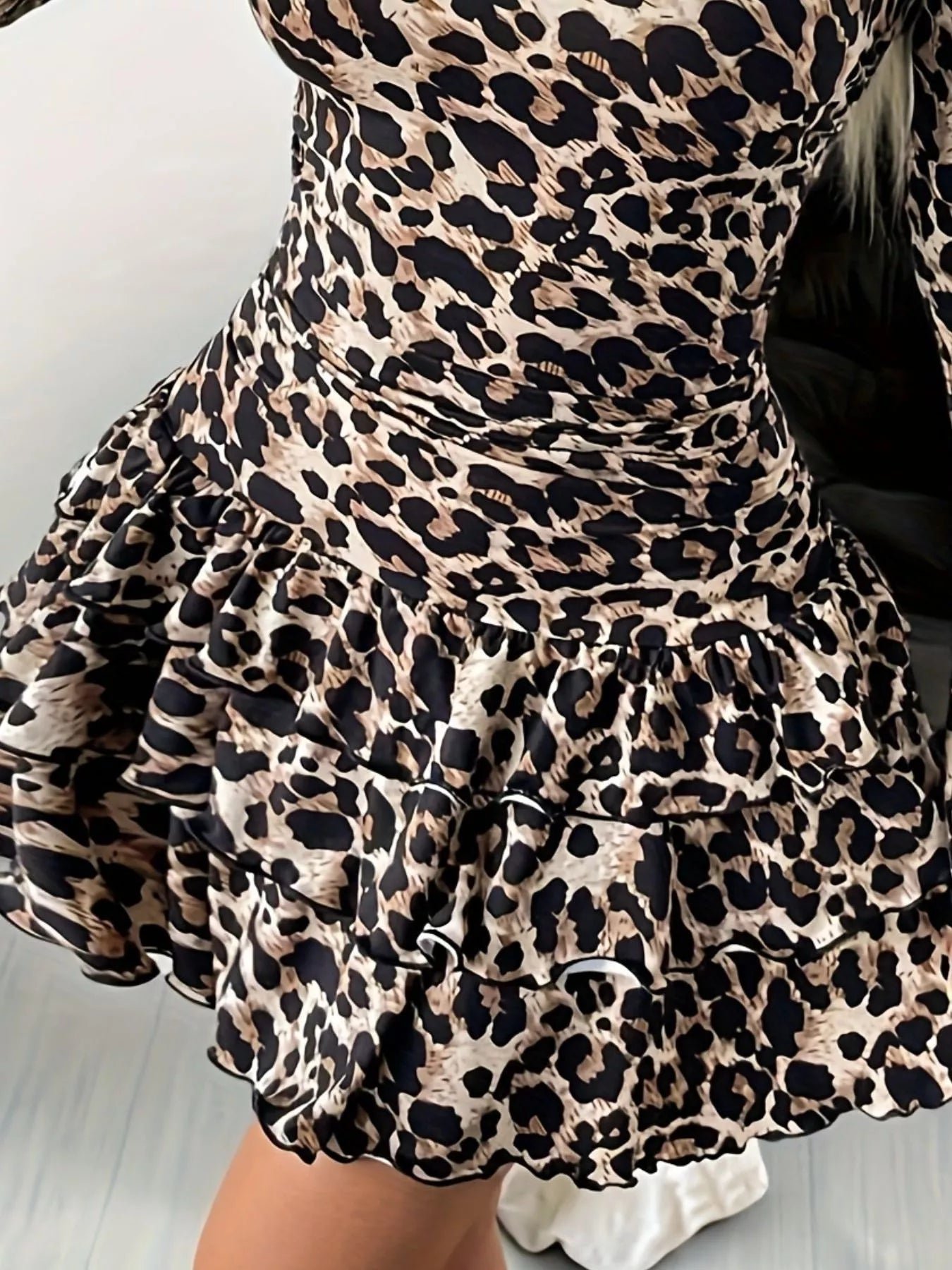 Long sleeve ruffled-hem mini dress