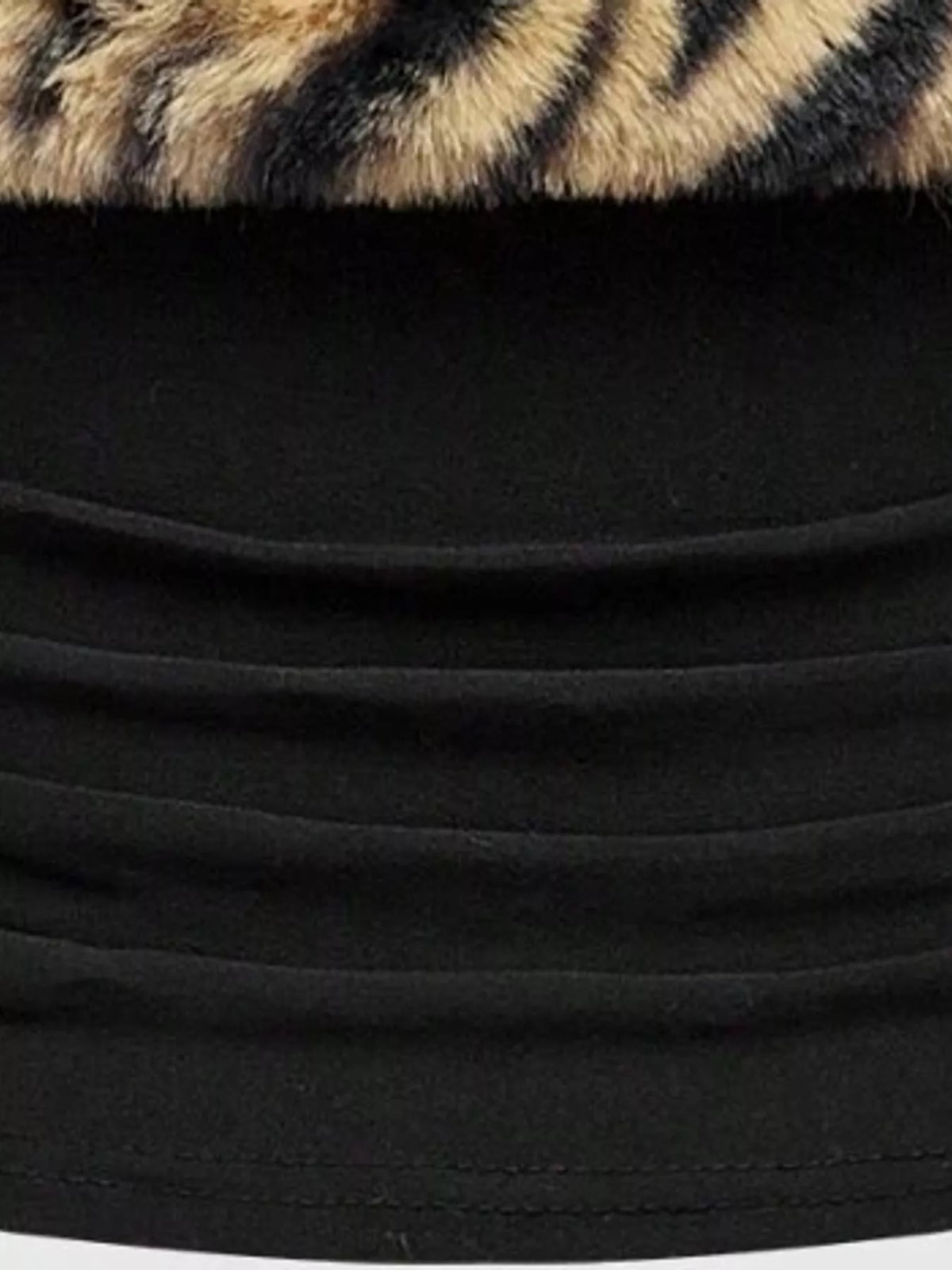 Black with brown-and-black tiger trim animal print faux fur trim tube top, detail view