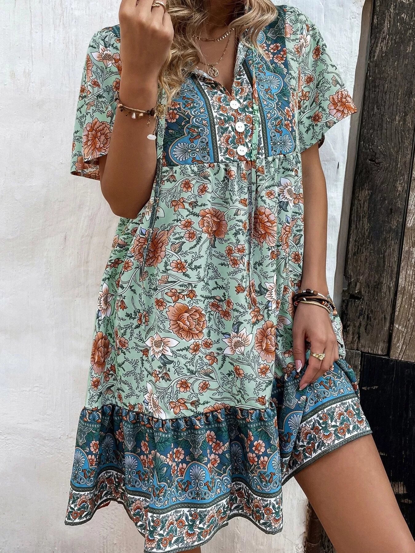 Trendsi Floral Print Tie-Neck Ruffle Hem Mini Dress -