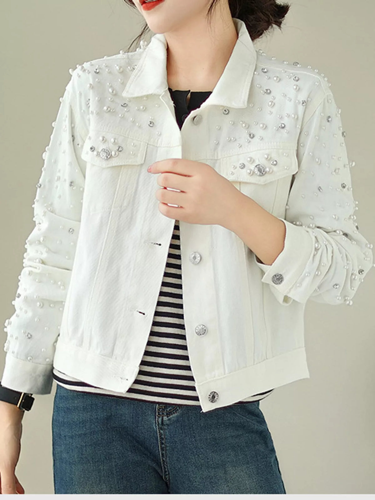 Women's Pearl Detail Button Up Denim Jacket in white — front view