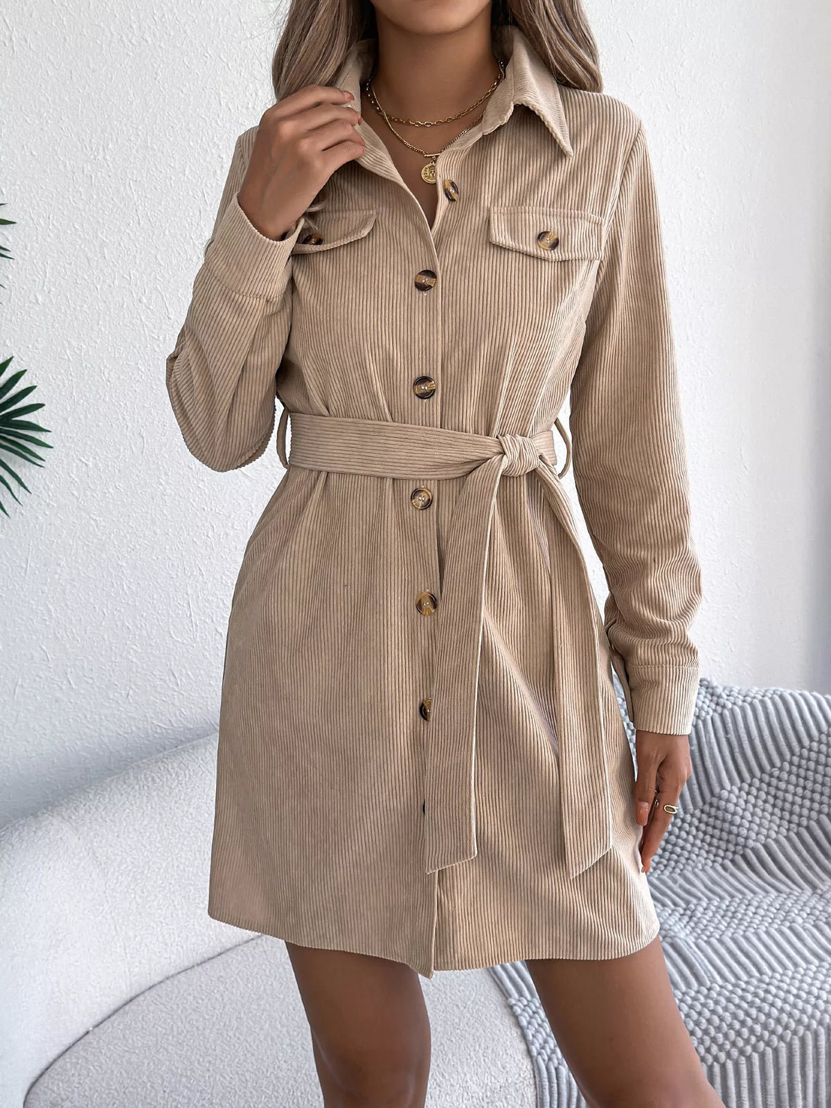 Corduroy Button-Down Shirt Dress in beige, front view