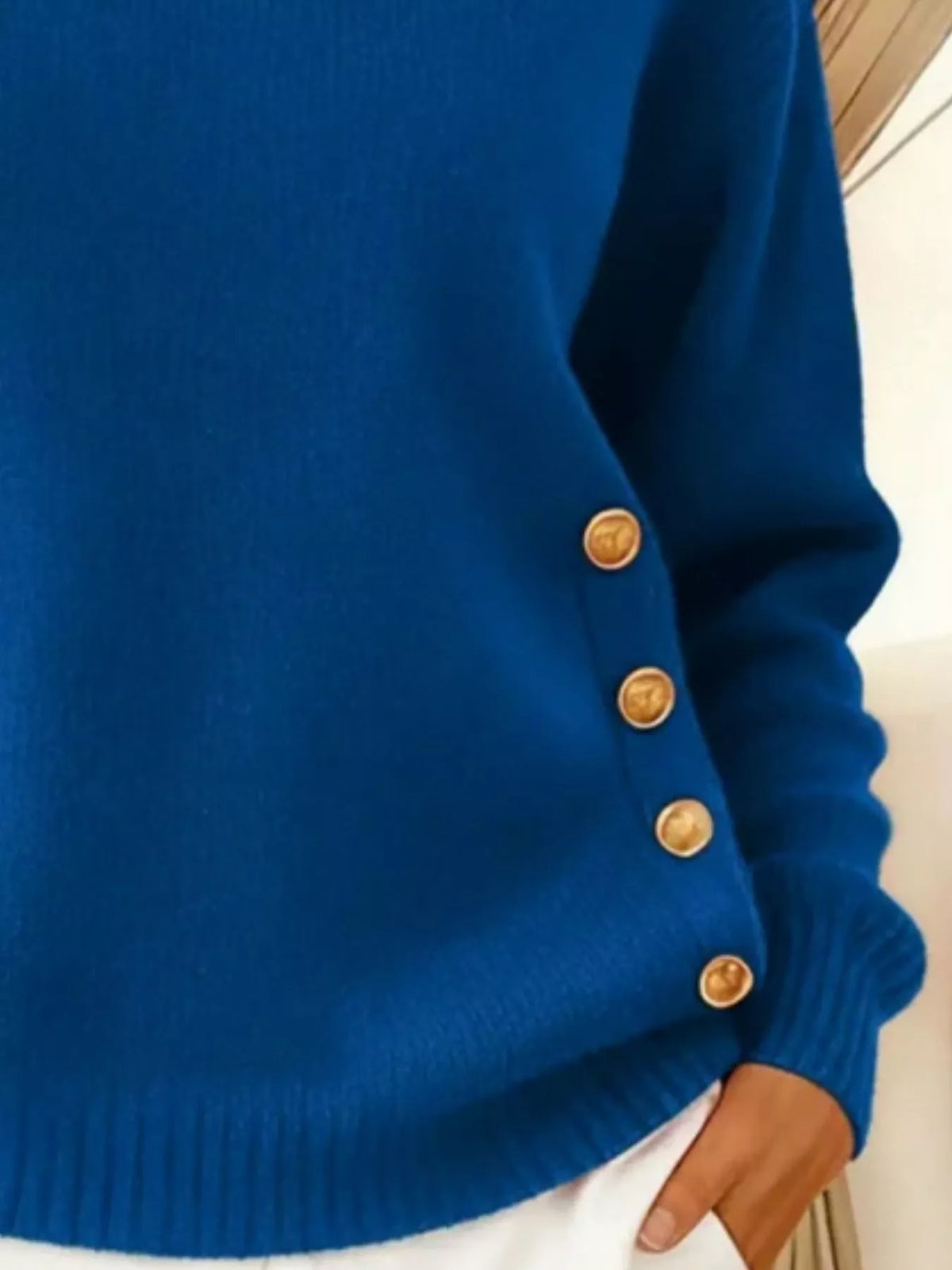Women's Decorative Button Dropped Shoulder Sweater in Blue, back view