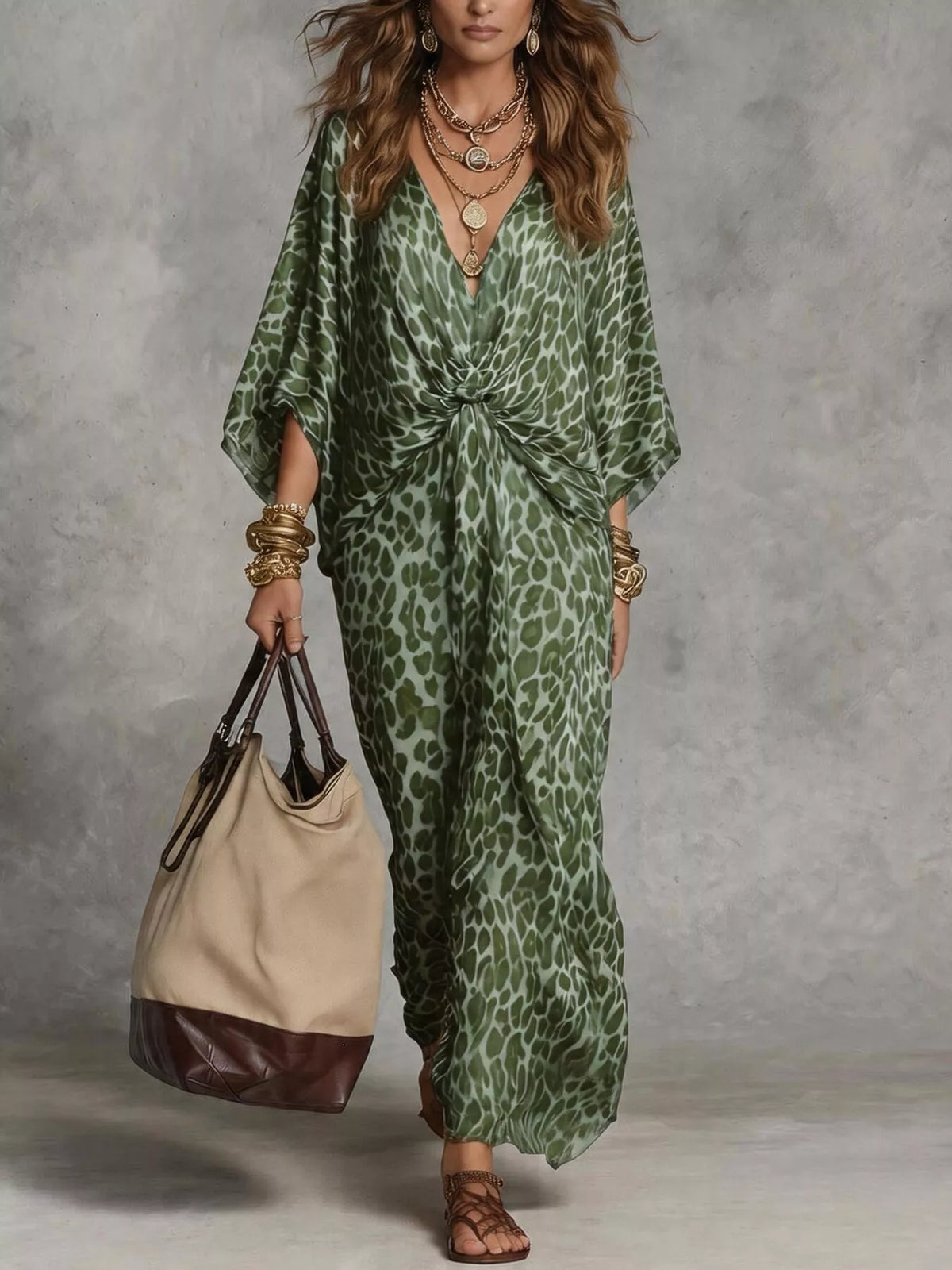 Green Leopard Print Twisted V-Neck Maxi Dress front view