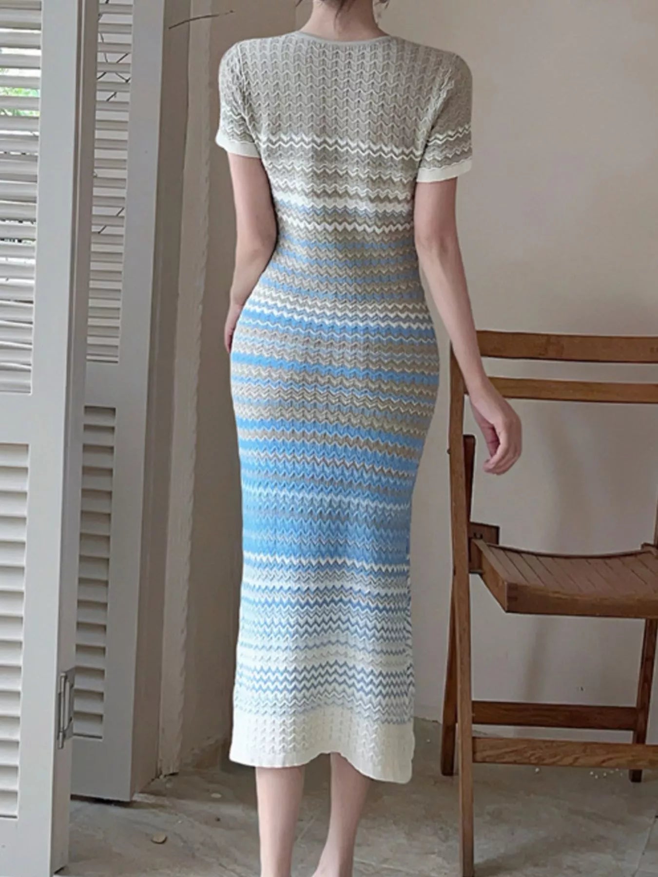 Trendsi Gradient Knit Striped Short Sleeve Midi Dress -