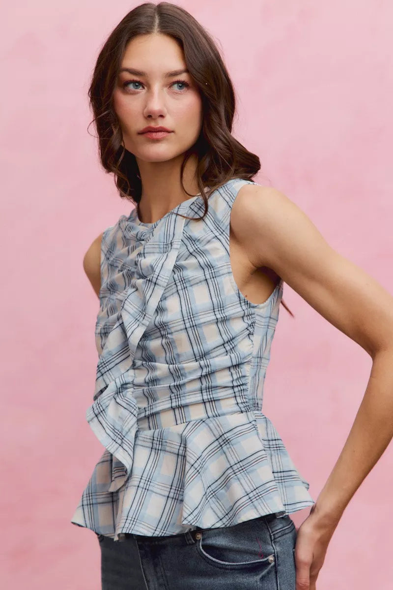Women's Plaid Sleeveless Ruffle Peplum Top Blue And White Cotton — product view 13