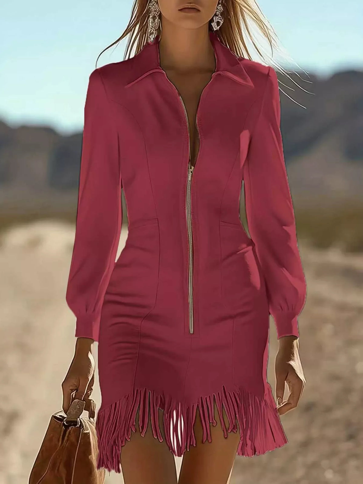 Burgundy zip front long sleeve fringe mini dress, front view