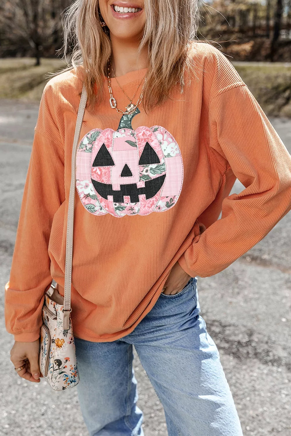 Trendsi Patchwork Pumpkin Graphic Corded Ribbed Round Neck Tunic Sweatshirt -