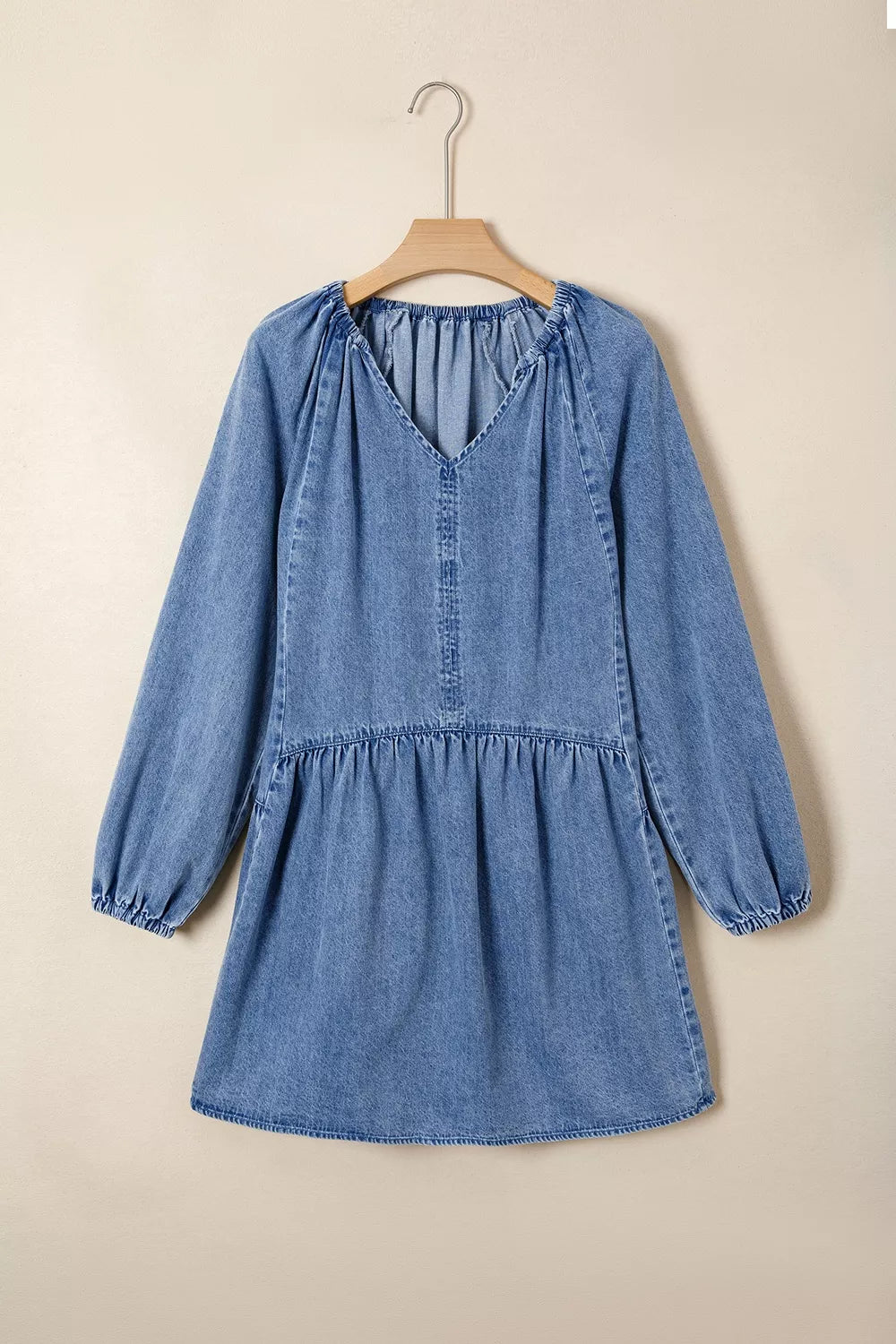 Trendsi Puff Sleeve V Neck Ruffled Loose Denim Mini Dress -