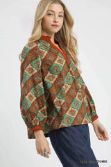 Trendsi Umgee Abstract Print Ruffle Neck Top -