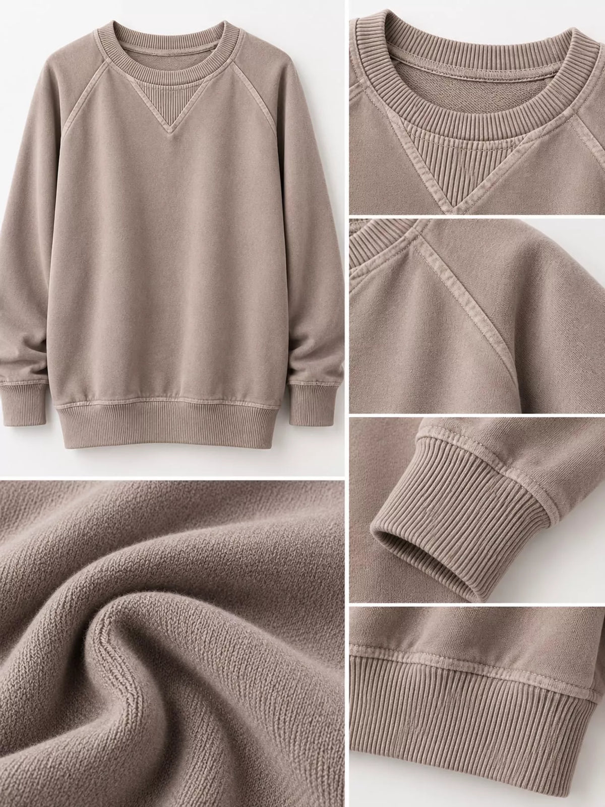 Taupe crew neck raglan sleeve sweatshirt, raglan seams, neckline, ribbed cuffs, and hem