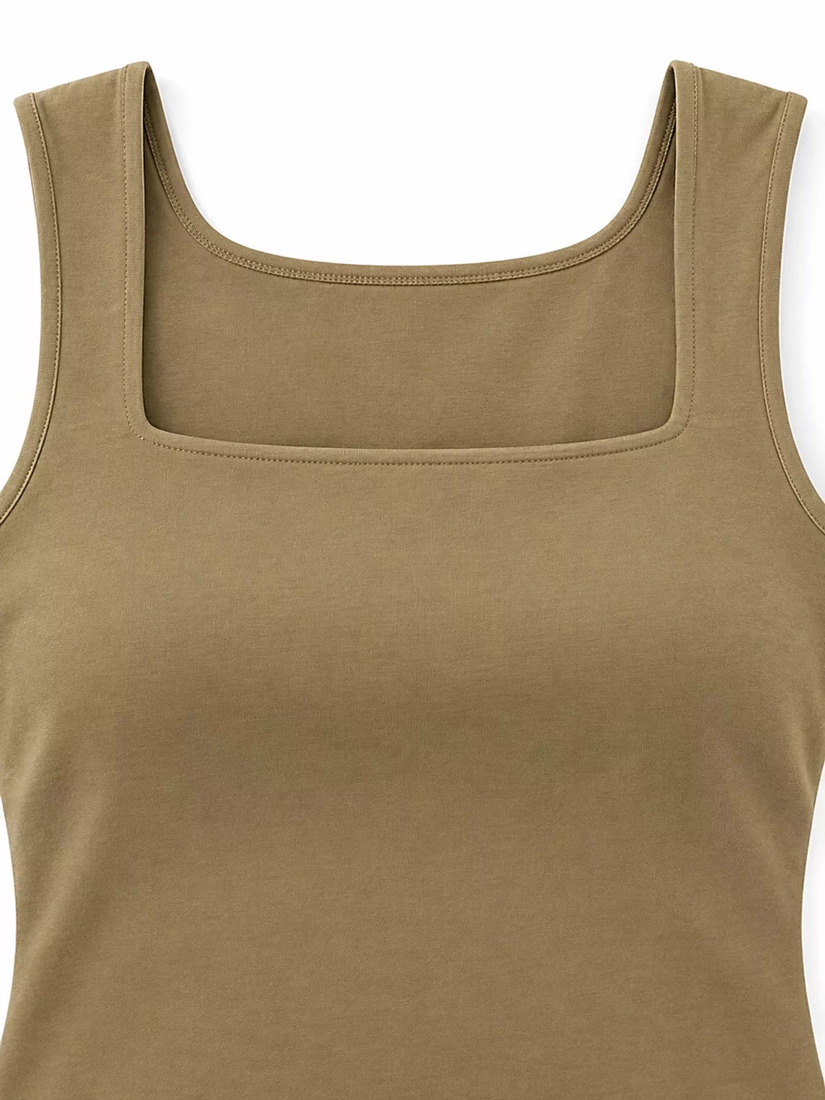 Khaki square-neck tank, neckline detail