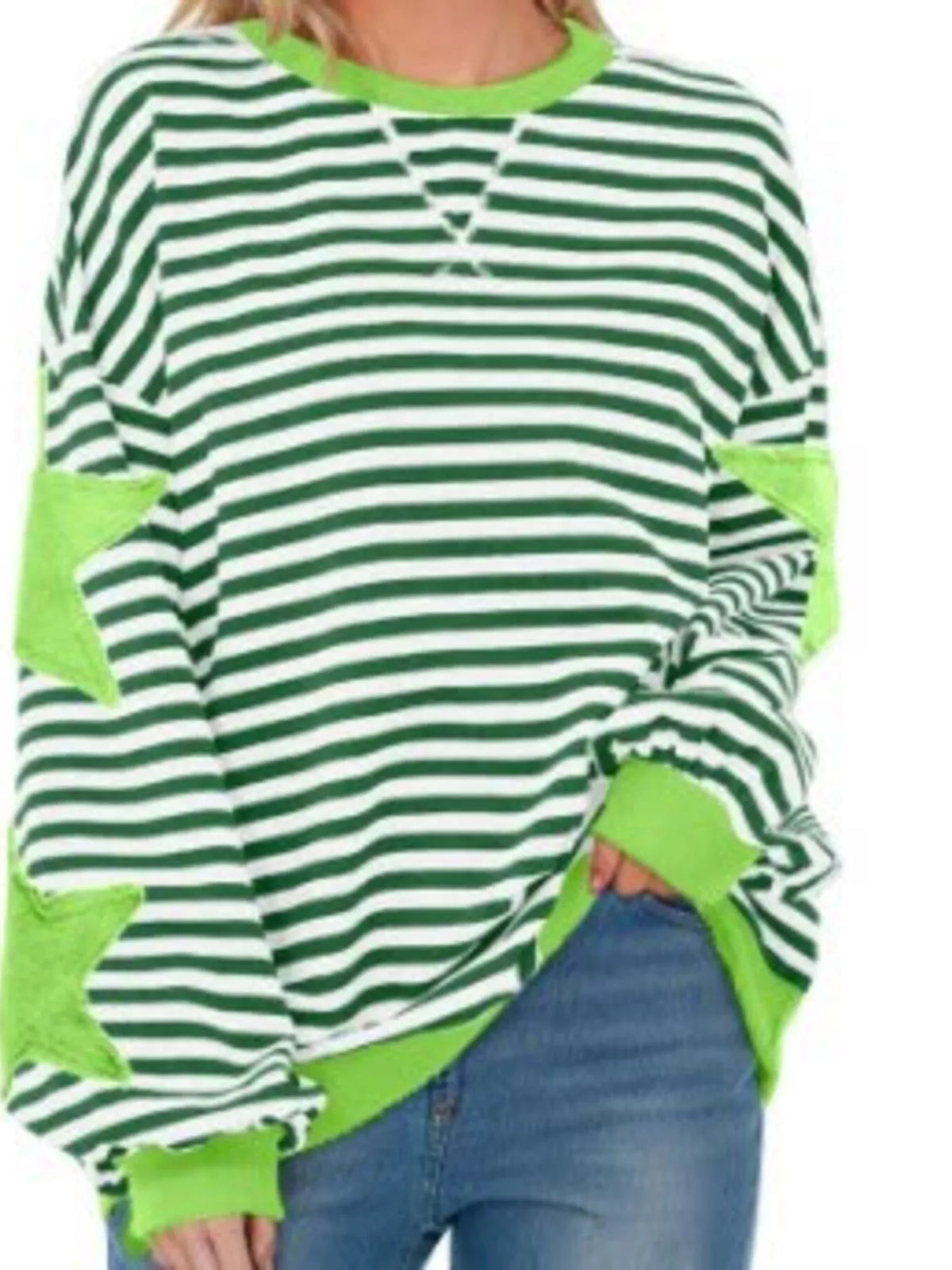 Light Green Star-Patch Striped Oversized Sweatshirt front view