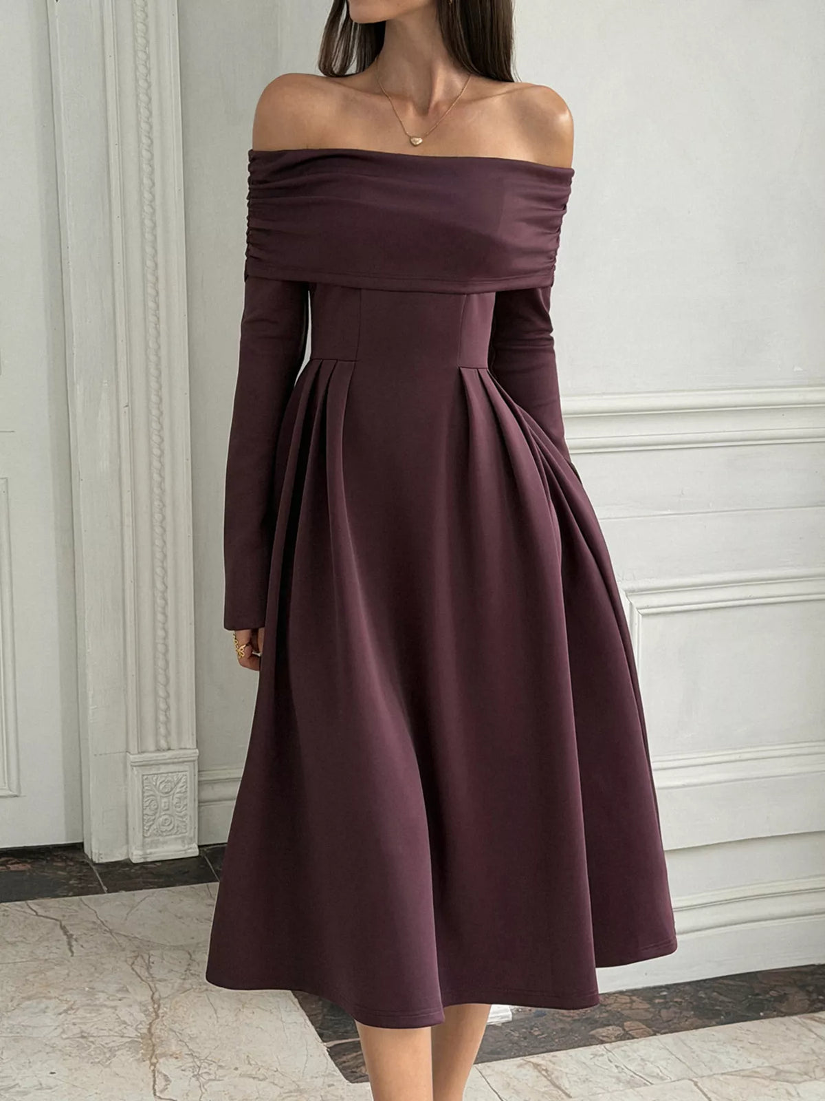 Coffee off-shoulder long sleeve midi dress