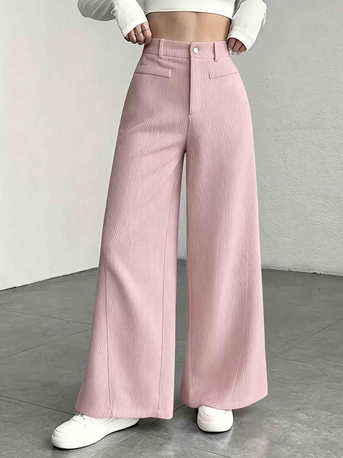 Pink high-waisted wide-leg pants