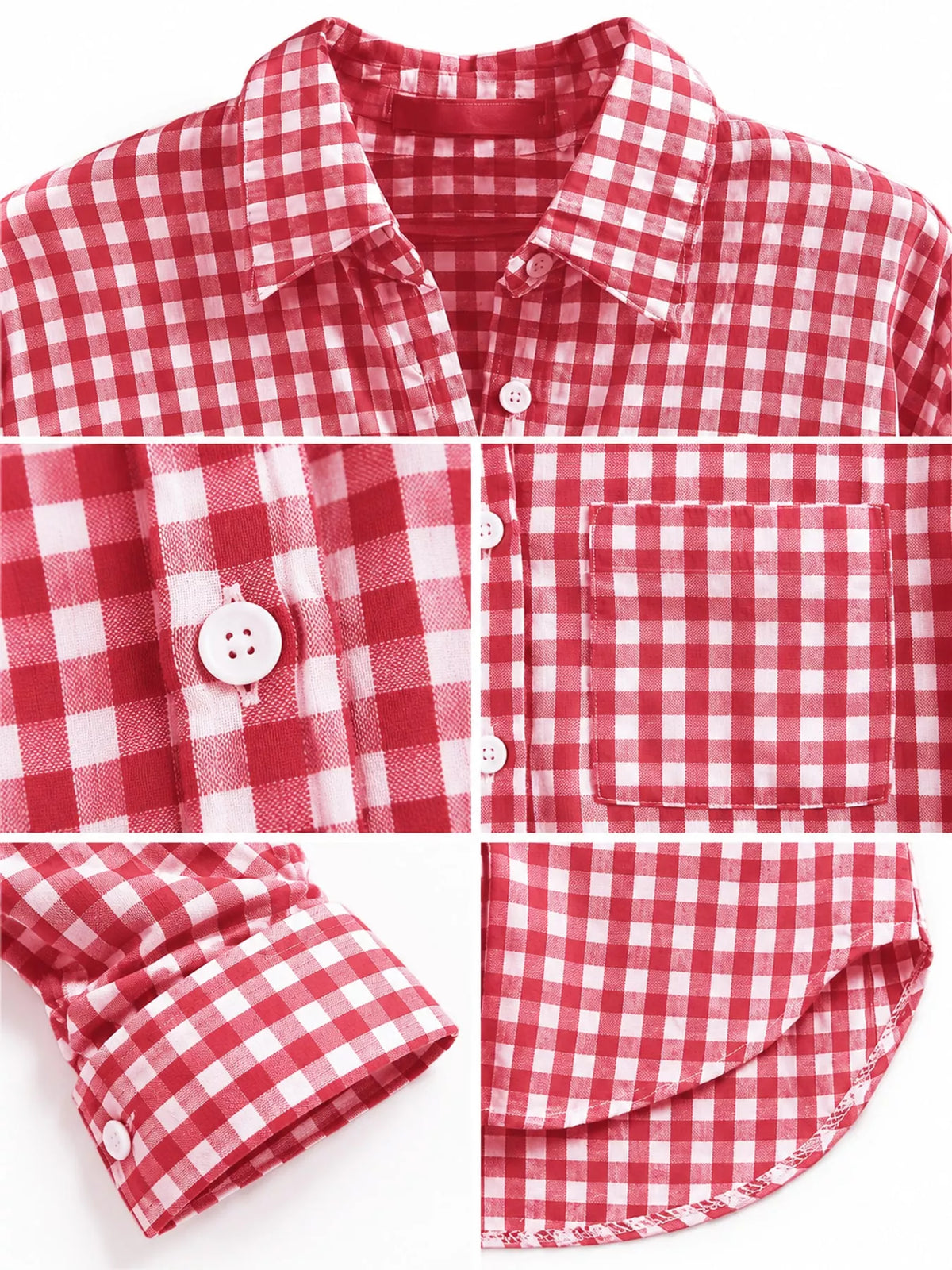 Red and white plaid button-down shirt, collar, buttons, chest pocket, cuff, and curved hem close-ups