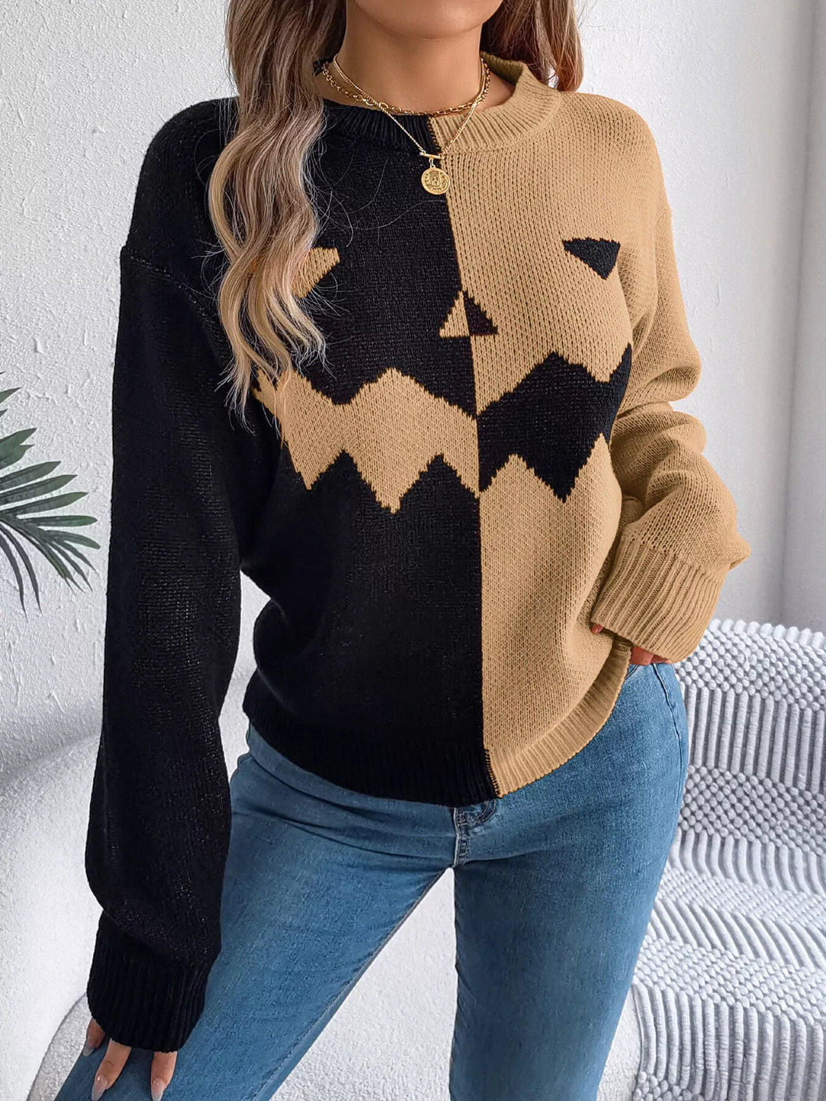 Pumpkin Face Graphic Two Tone Sweater in camel and black, front view
