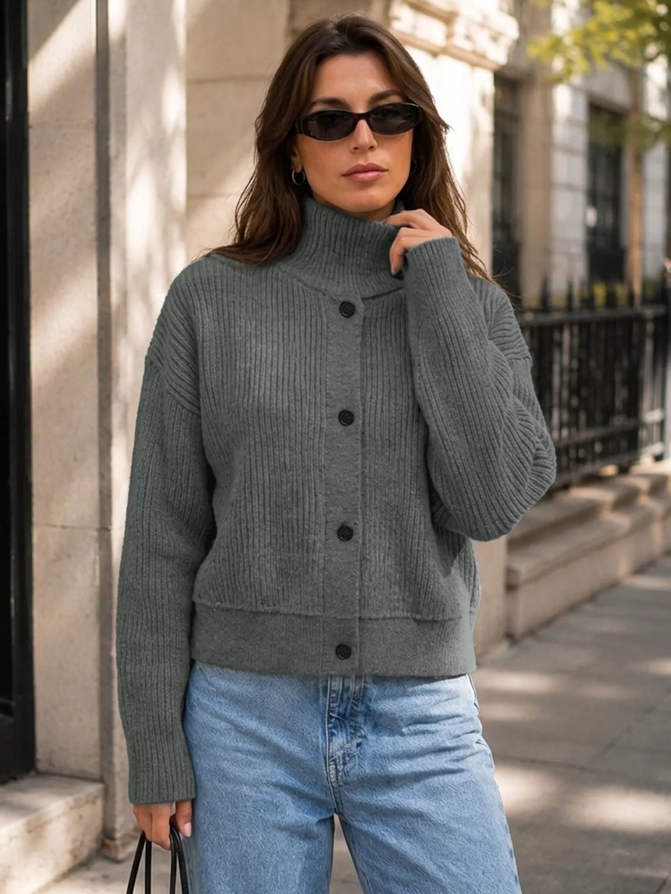 Trendsi Turtleneck Button-Down Cardigan -