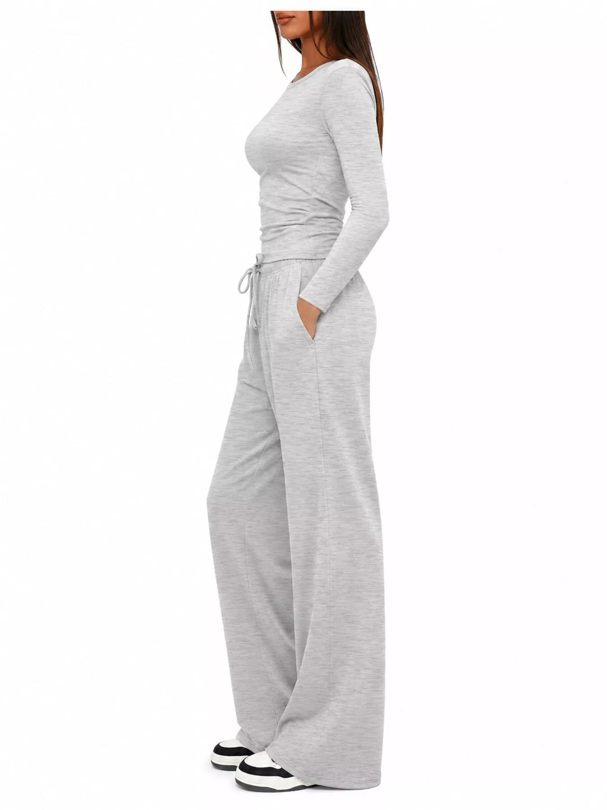Long Sleeve Ruched Top and Wide-Leg Drawstring Pants Set — side view