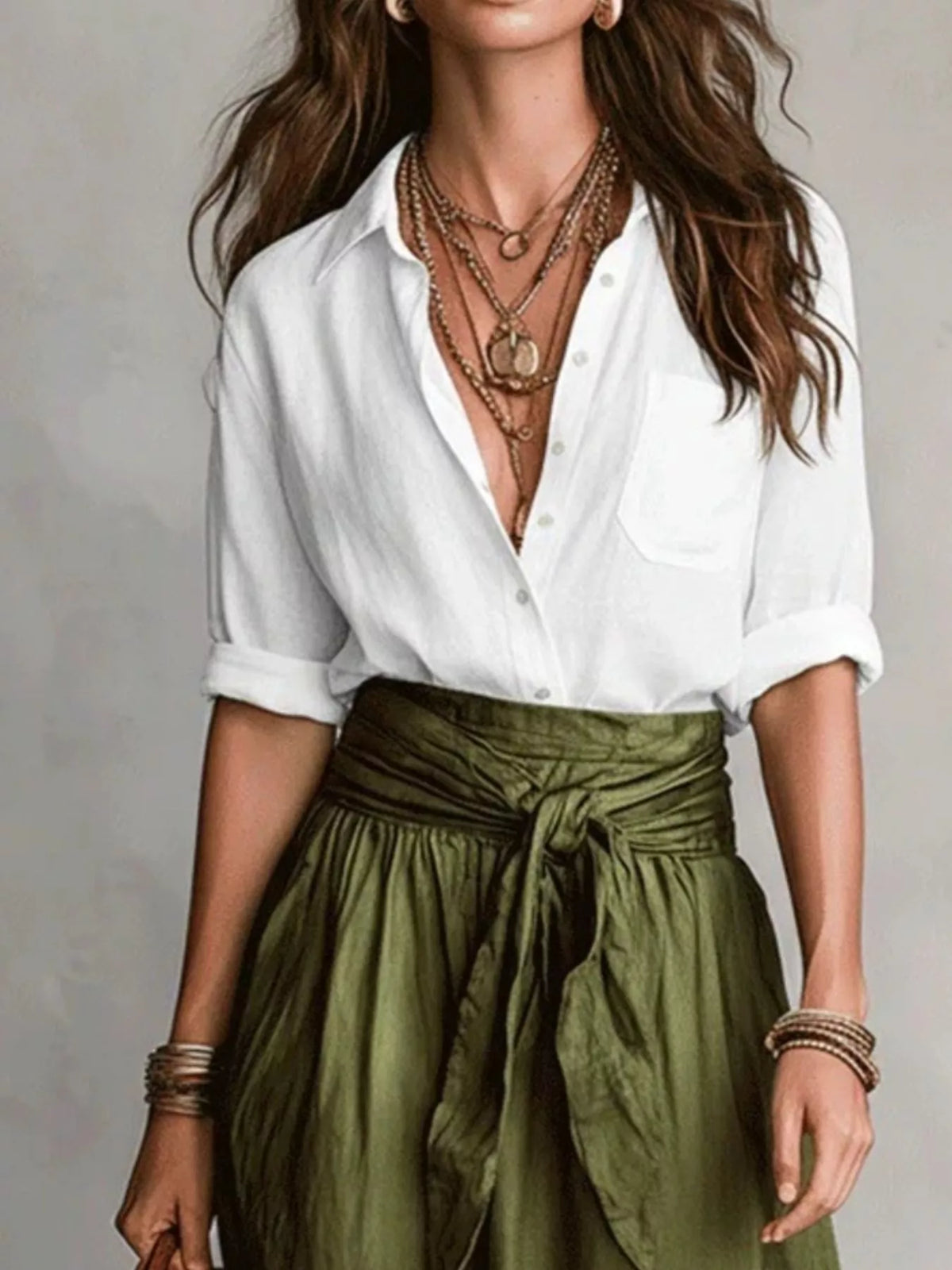 White and olive green button-front shirt and skirt set, shirt and waist tie detail