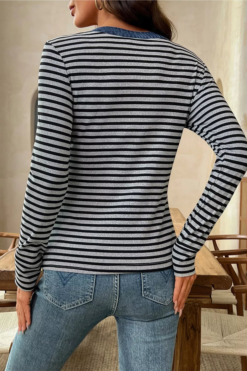 Trendsi Stripe Denim Contrast Collar Half Button Long Sleeve Top -