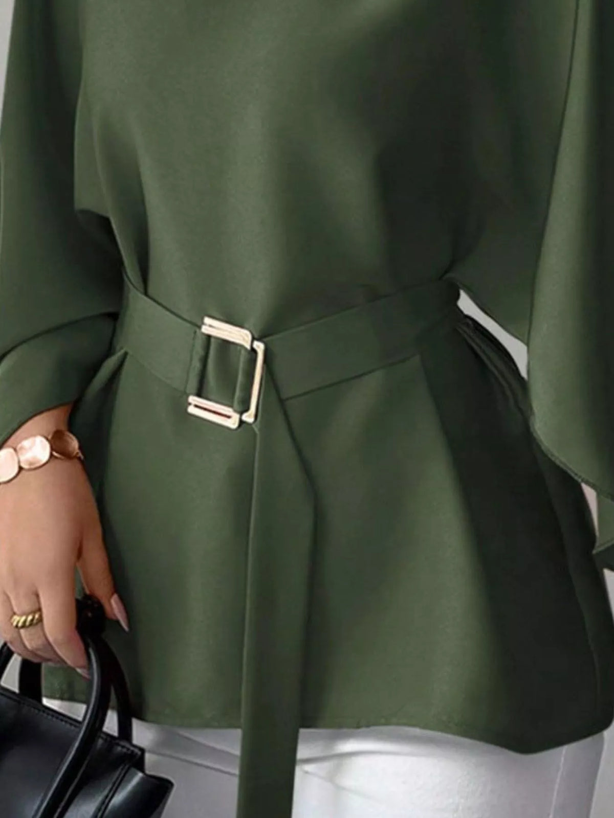 Round-neck belt batwing-sleeve blouse