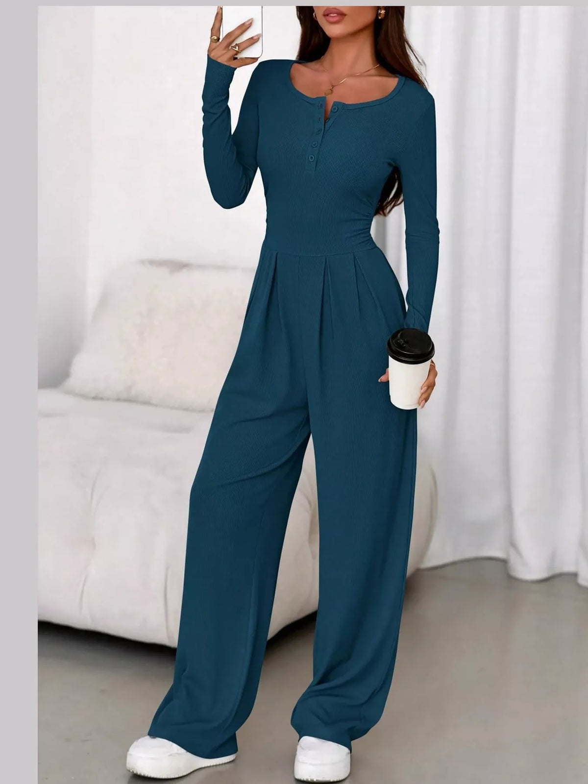 Long Sleeve Ribbed Knit Wide-Leg Jumpsuit — front view