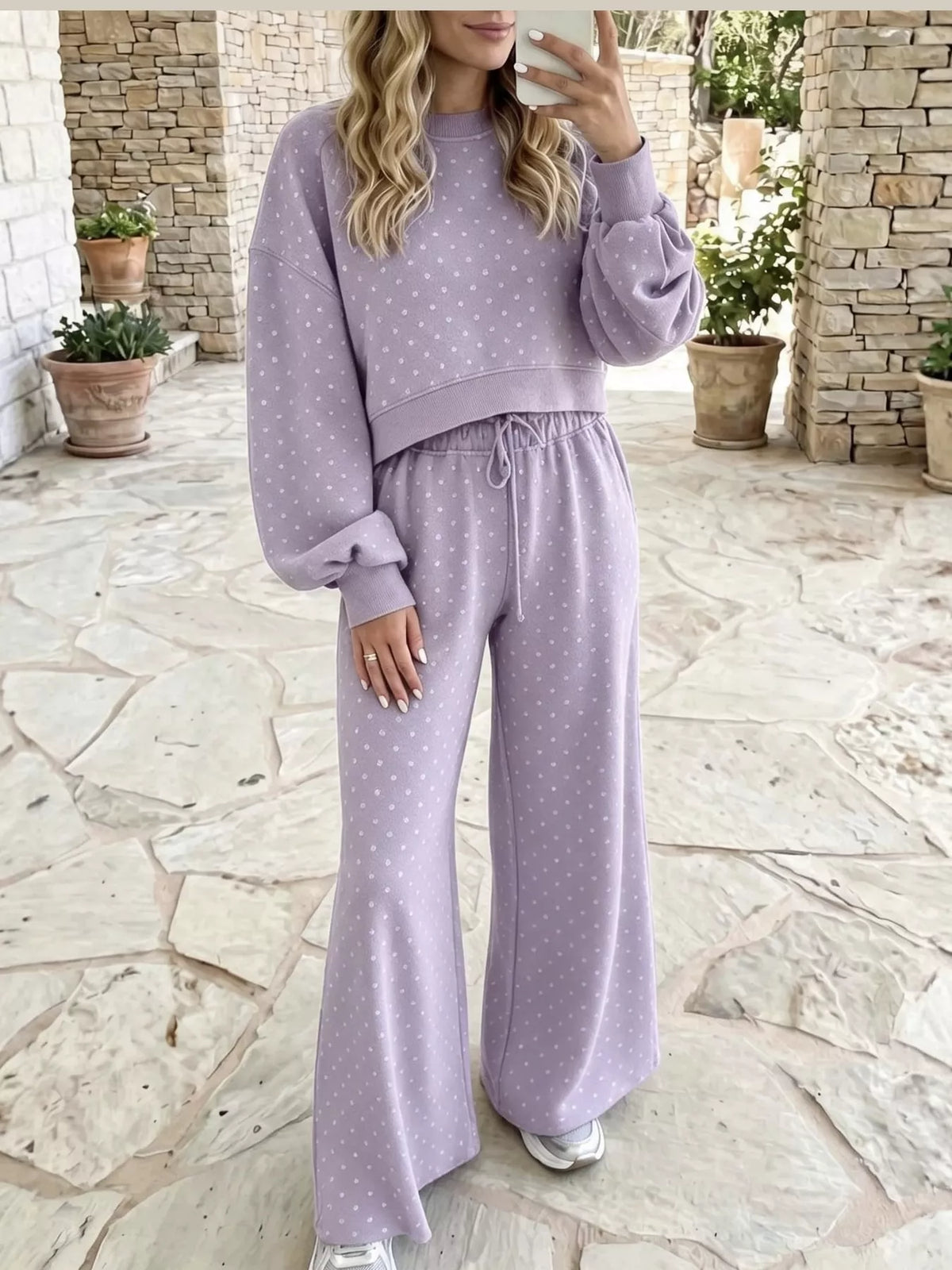 Purple swiss dot crop top and wide-leg pants set — front view