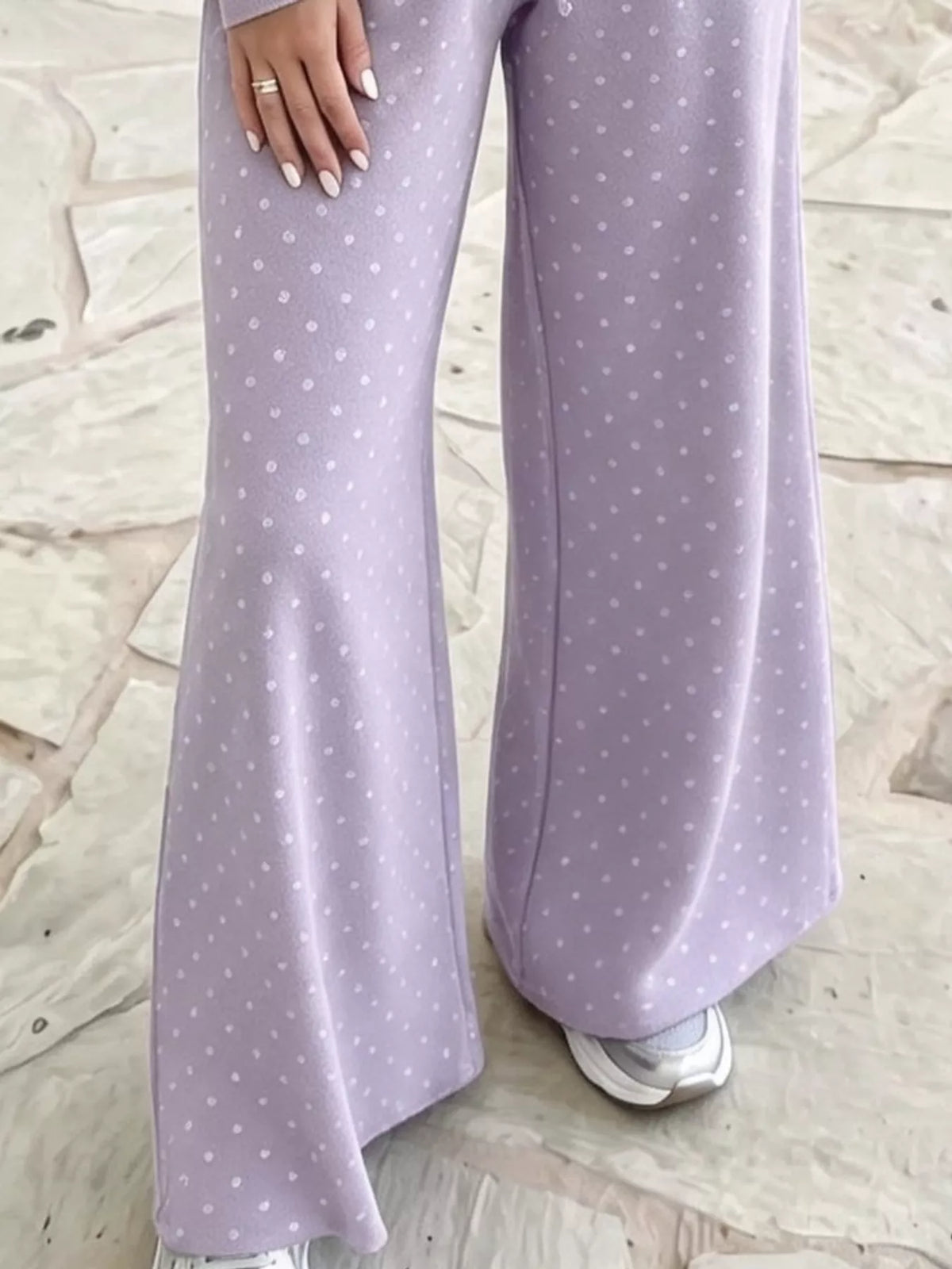 Purple swiss dot crop top and wide-leg pants set — design and construction details