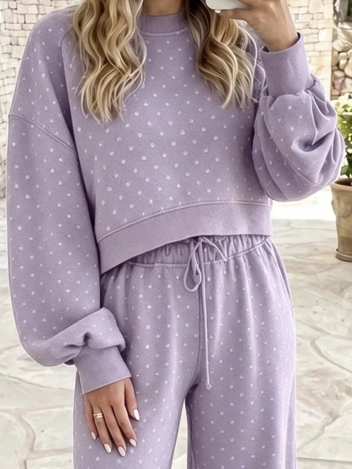 Purple swiss dot crop top and wide-leg pants set — design and construction details