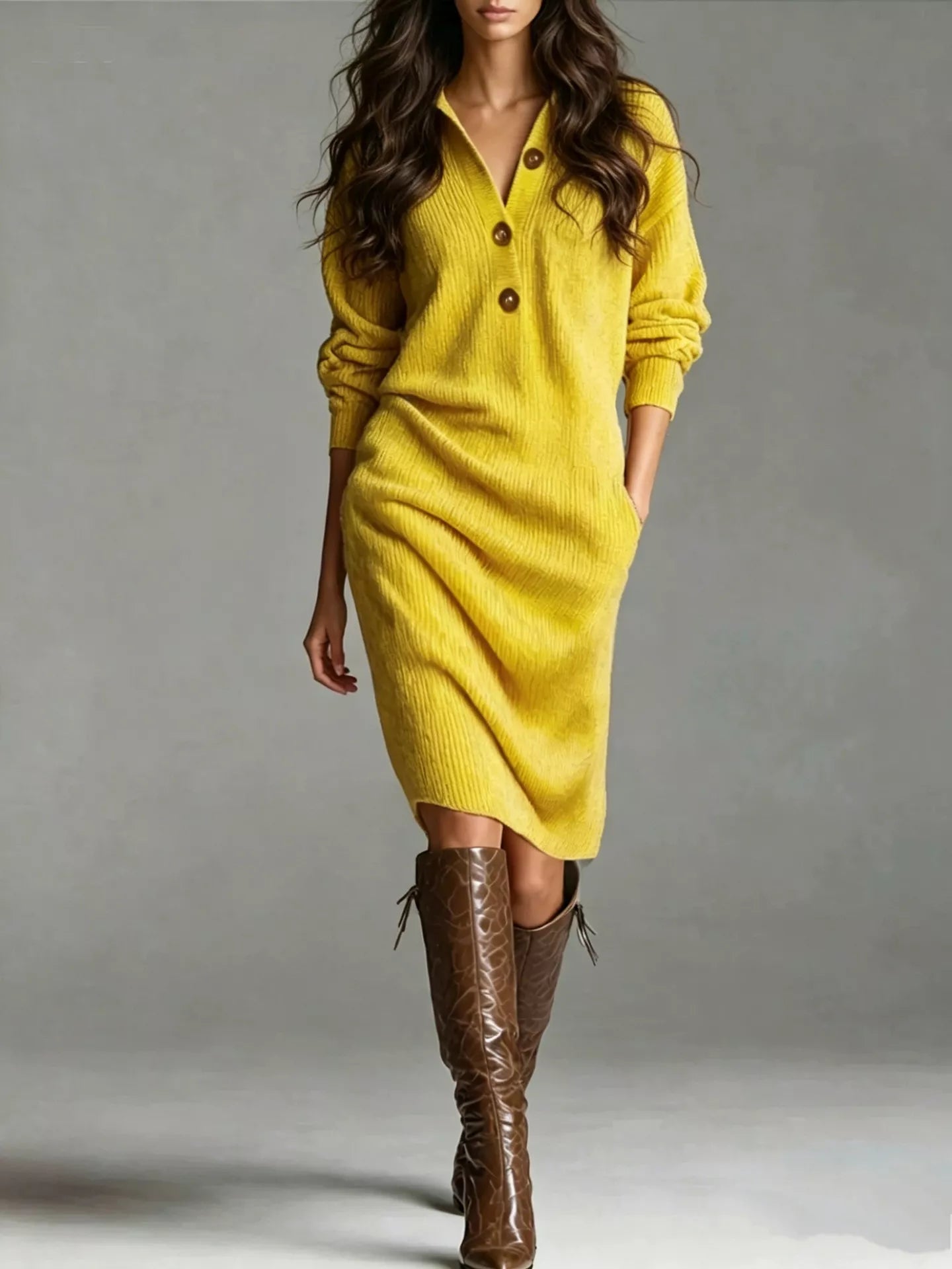 Trendsi V-Neck Half-Button Ribbed Knit Dress -